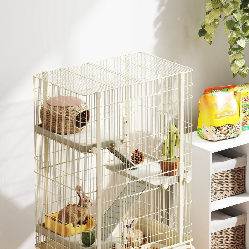 Kleintierkäfig, 4 Ebenen mit Futternapf und Trinkflasche, Beige