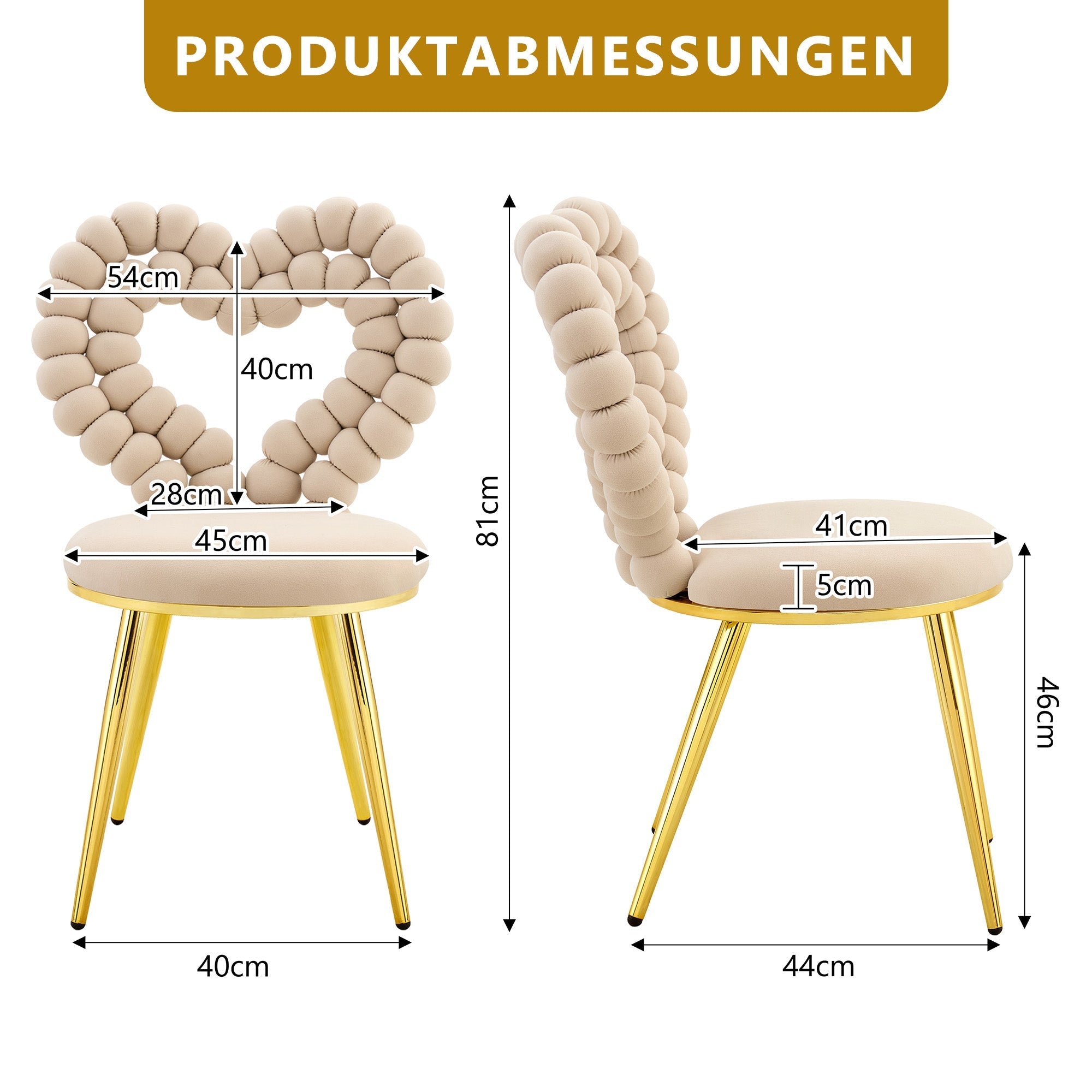 Dining Chairs (Set of 2) Heart Cutout Backrest Gold Metal Legs - Light Beige Velvet