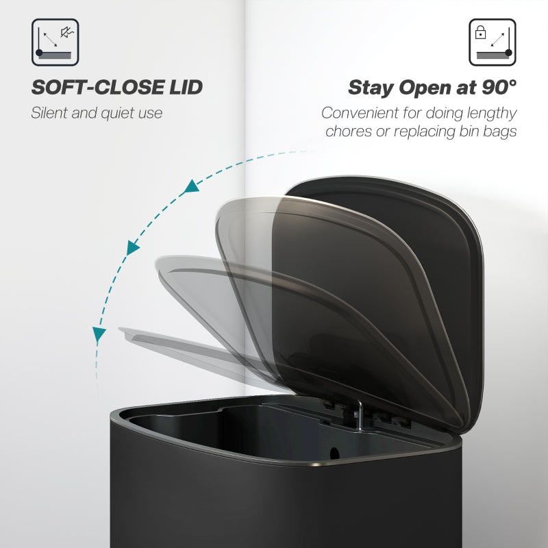 50L Kitchen Bin, Soft-Close Lid, Removable Inner Bucket, Stainless Steel, Black
