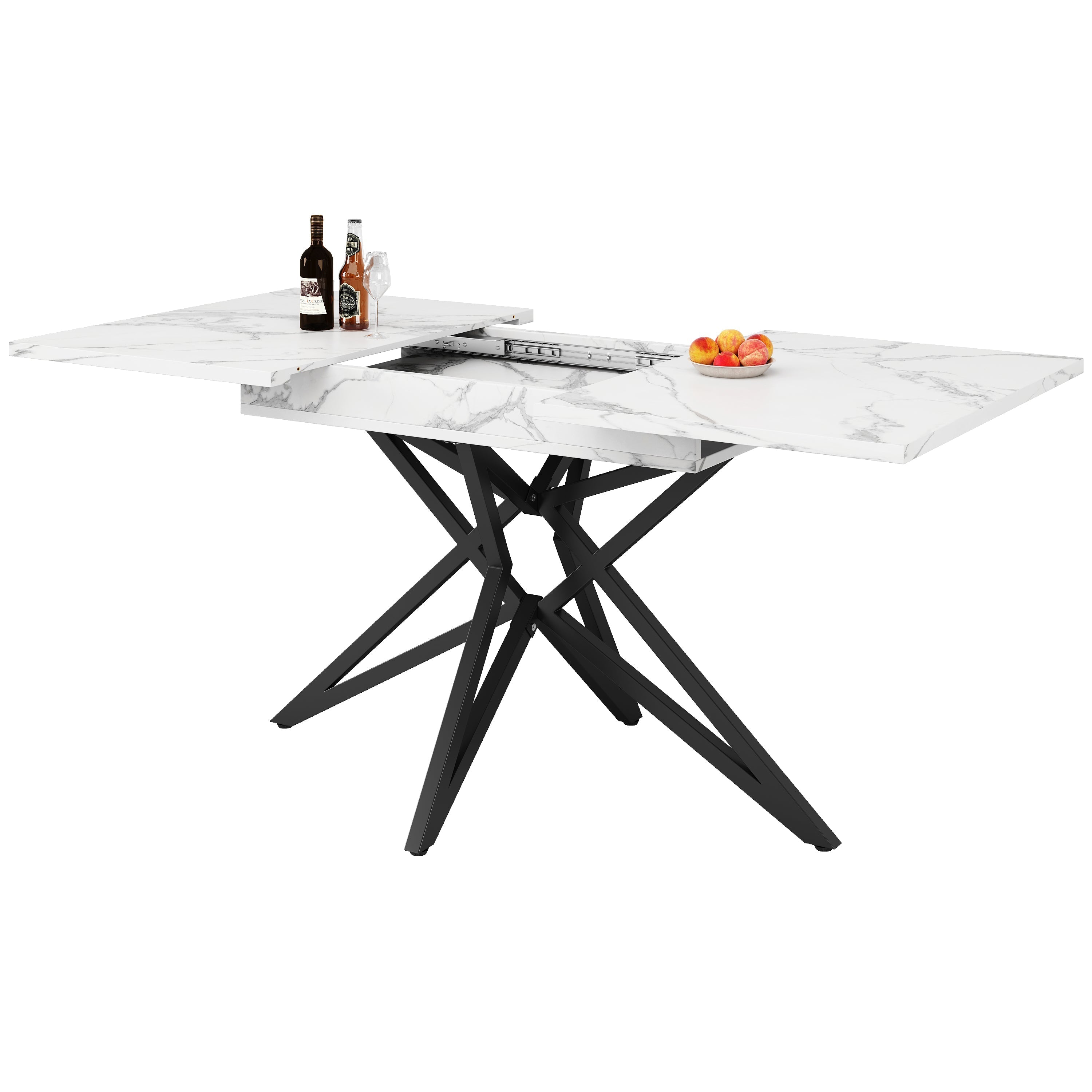 Extendable Dining Table 120(160)x80cm Star-Shaped Legs - Walnut/Marble Look Black