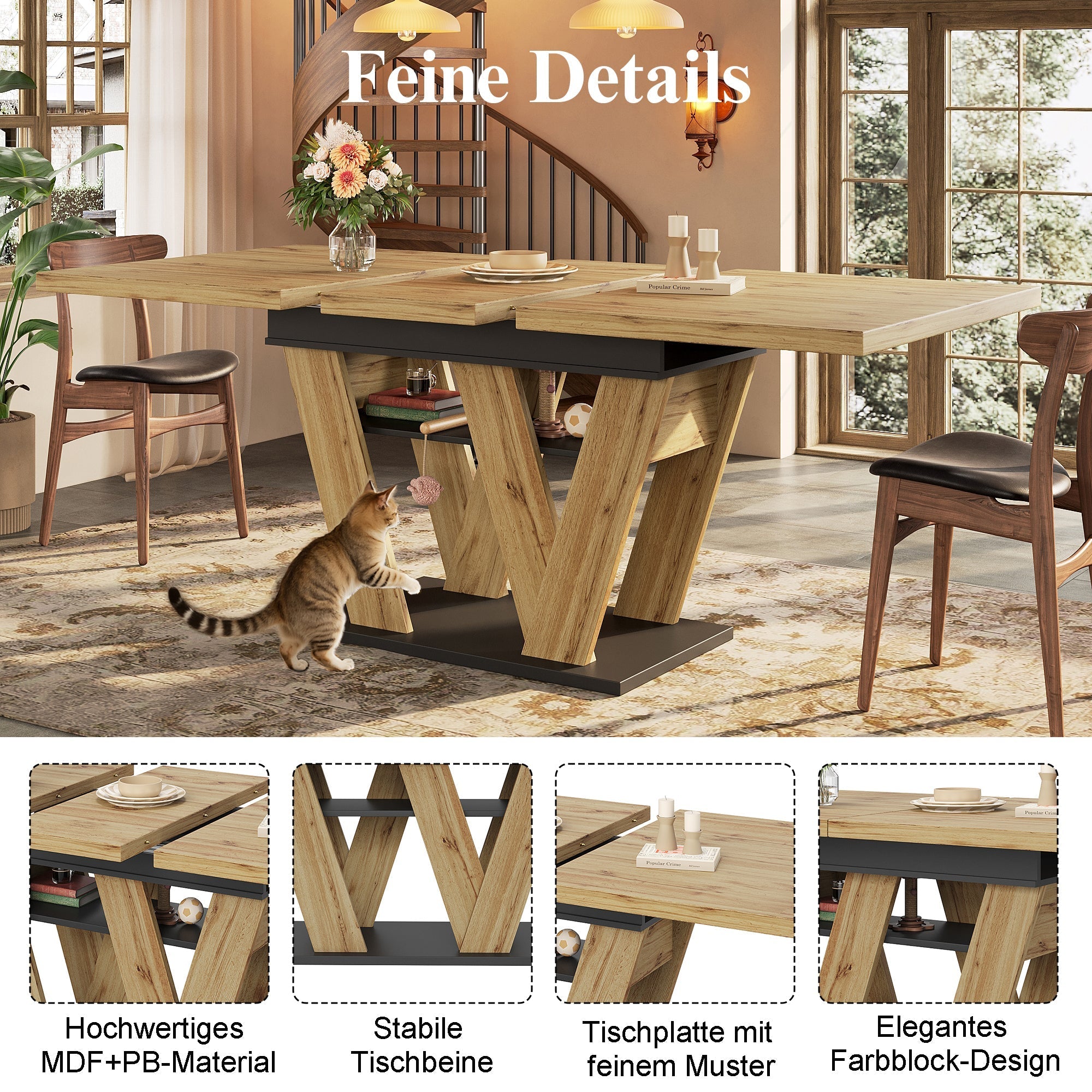 Telescopic Dining Table Extendable 119-158.5x80cm W-Legs - Natural Wood