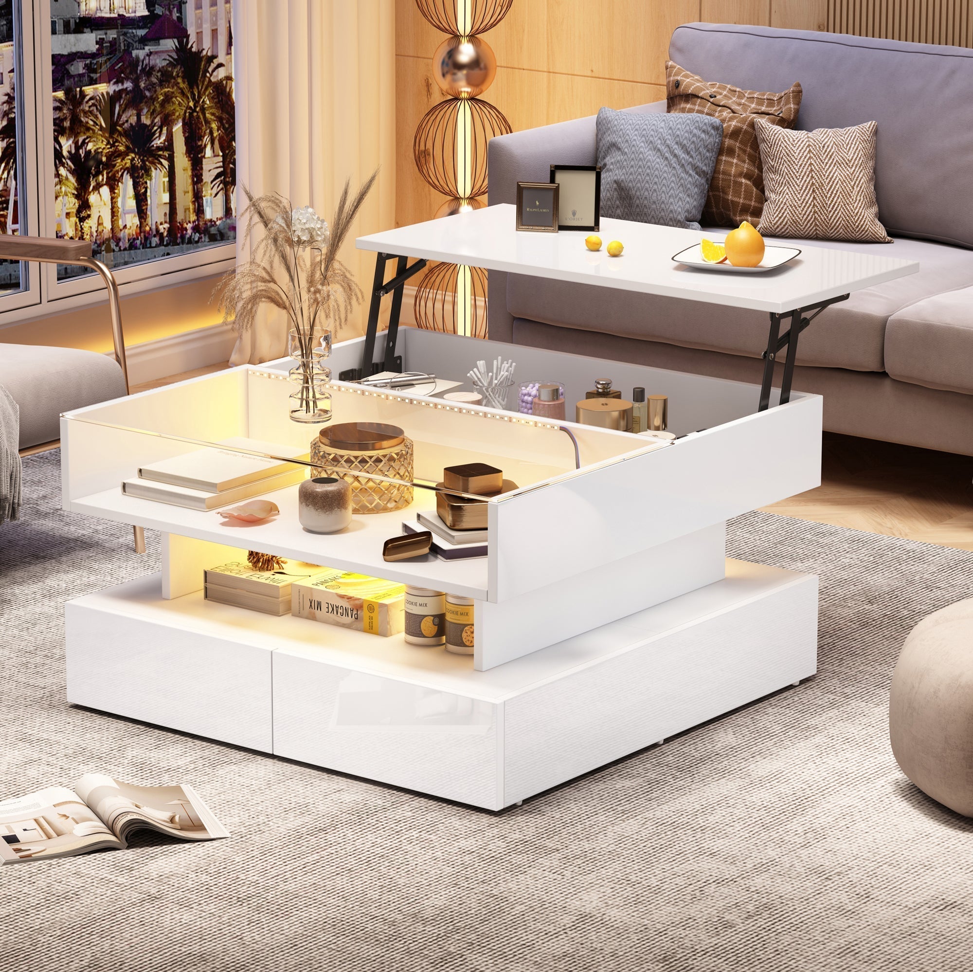 Coffee Table, 80x80x45cm Height-Adjustable Storage LED Lights Tempered Glass, White