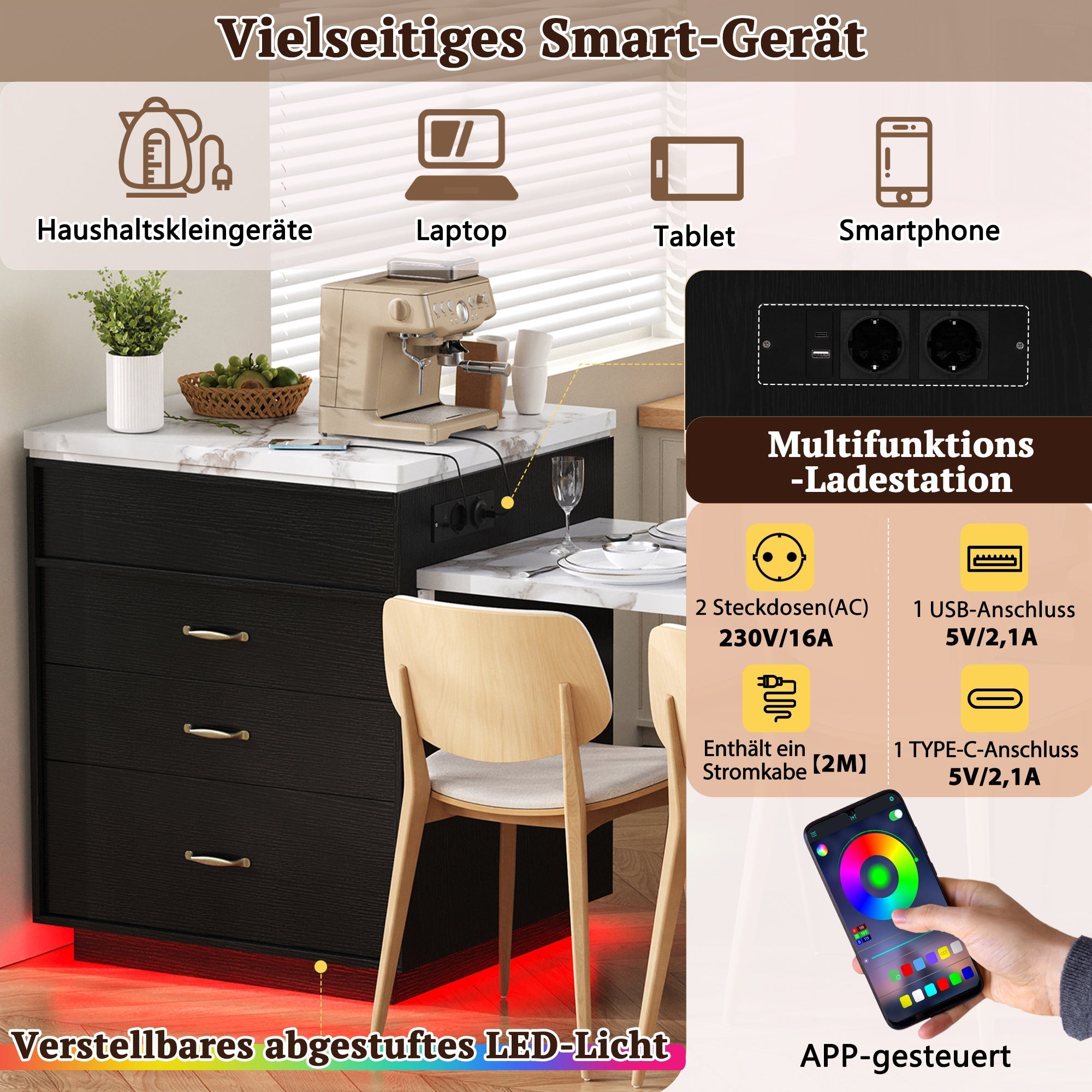 Kitchen Island on Wheels Extendable Table with LED & Power Strips Black