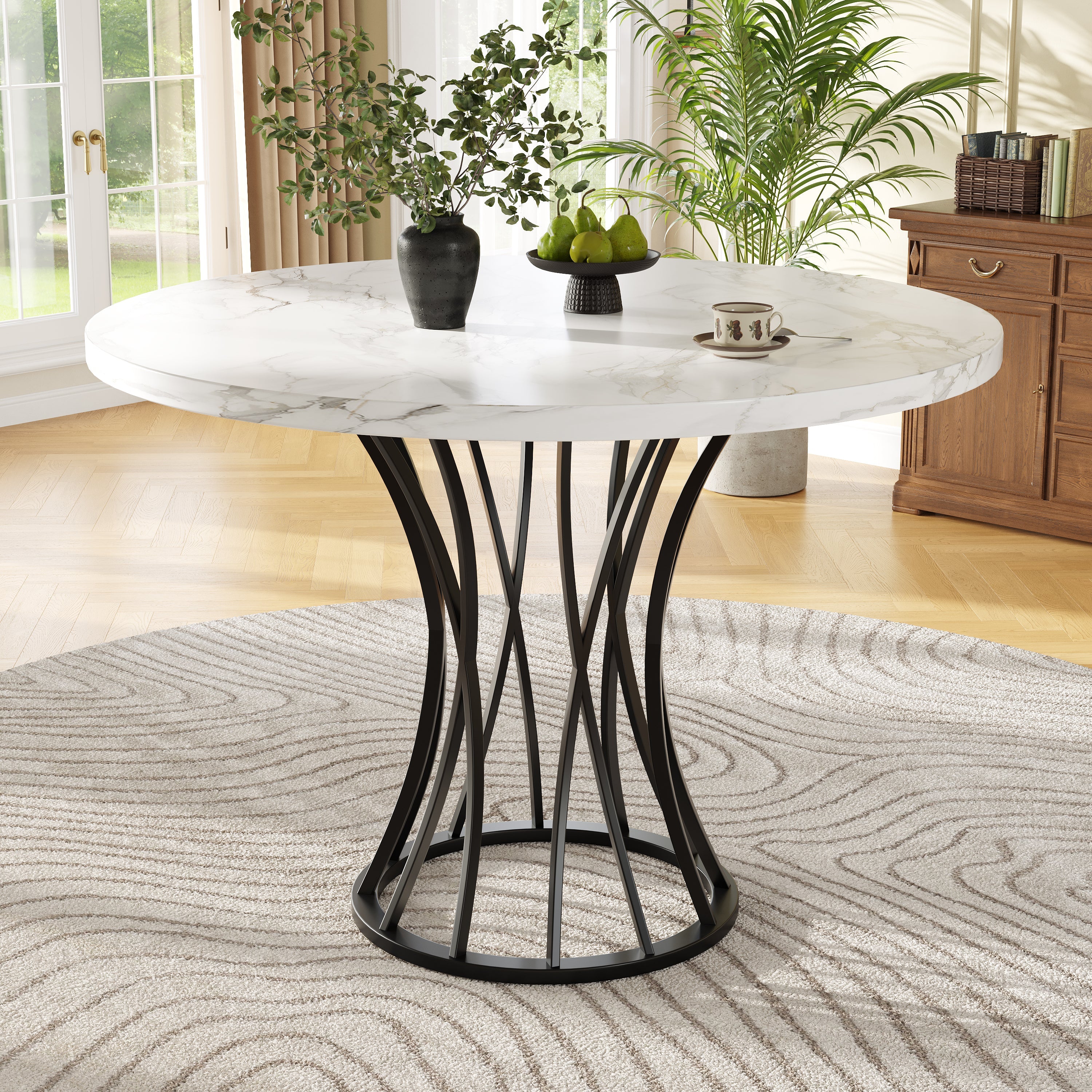 Dining Table Set 5-Piece Round 80cm Marble Top 4 Chairs - Grey Velvet