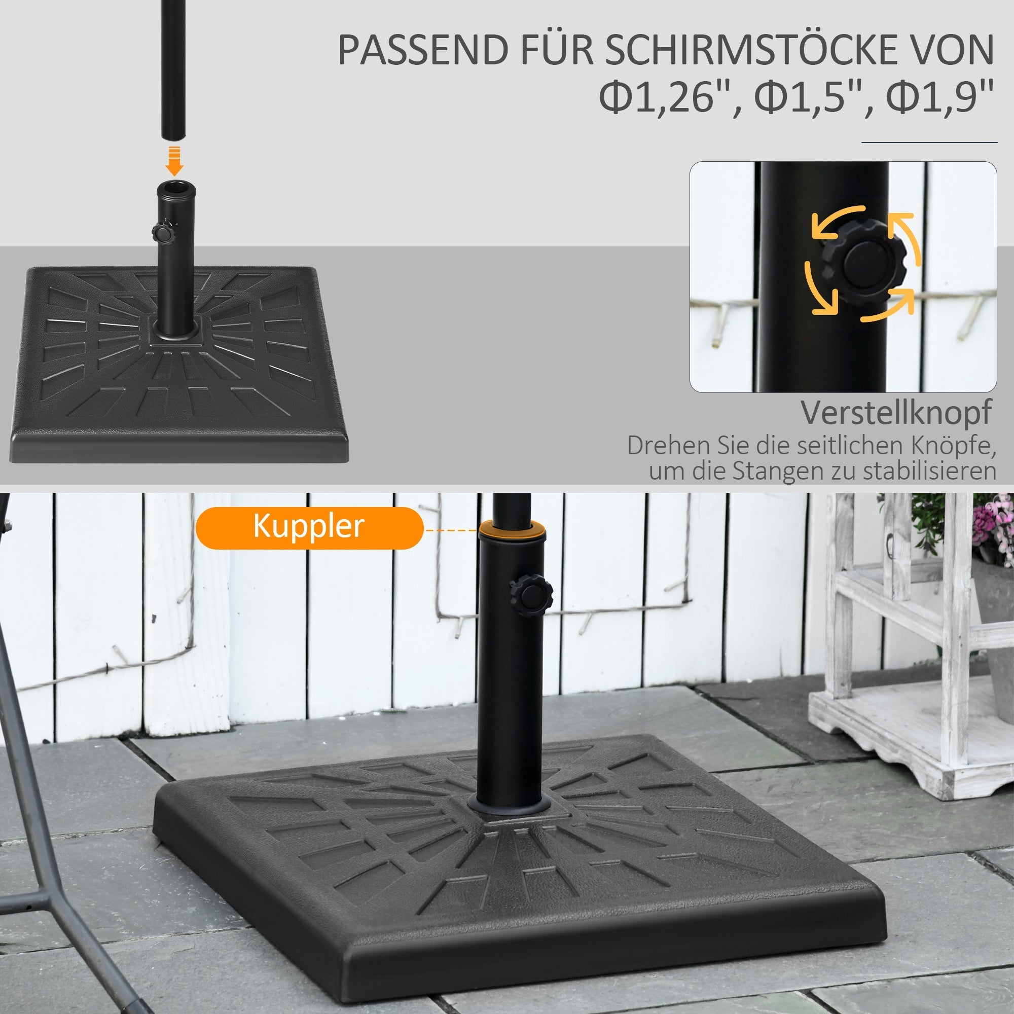 Parasol Base 19kg Stable for 32/38/48mm Poles, Black Resin