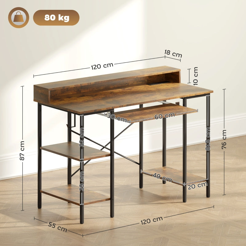 Computer Desk, LED Lights Power Outlets Monitor Stand Storage, Rustic Brown