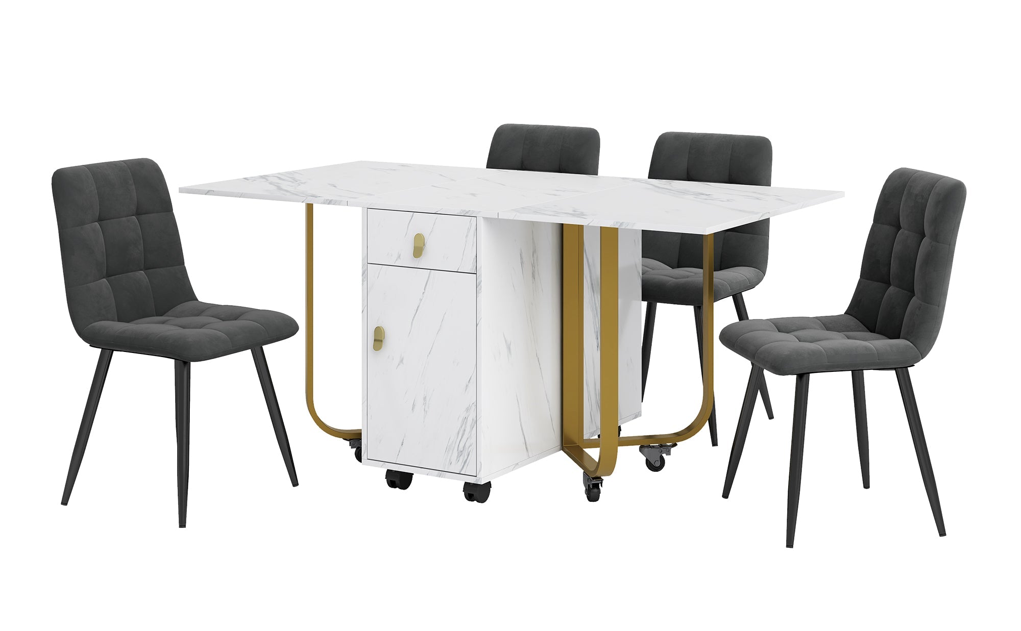 Dining Set, 150x80x76cm Folding Table, 4 Velvet Chairs, White MDF & Black Legs