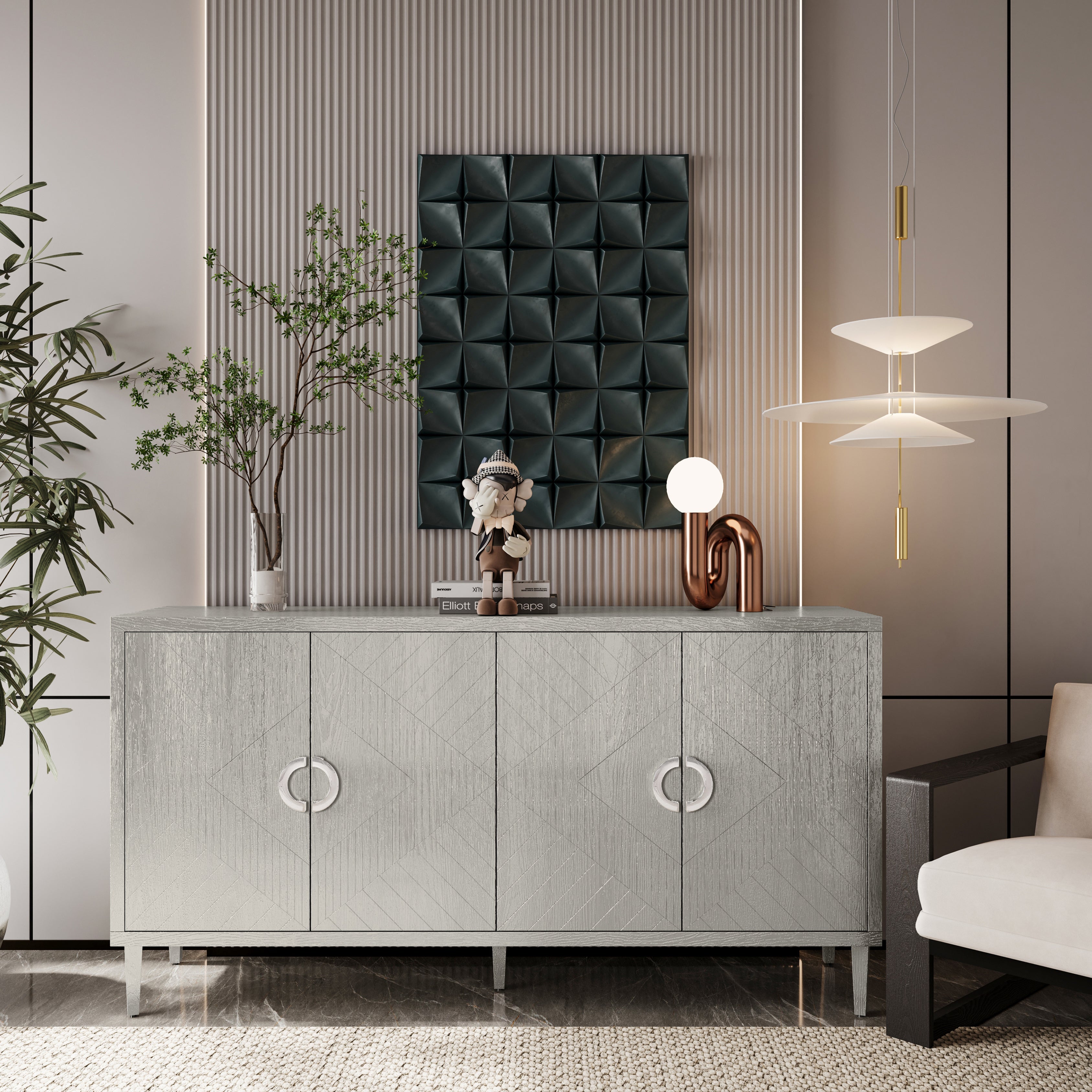 Storage Cabinet, 152CM 4-Door with Pine Legs, MDF Champagne