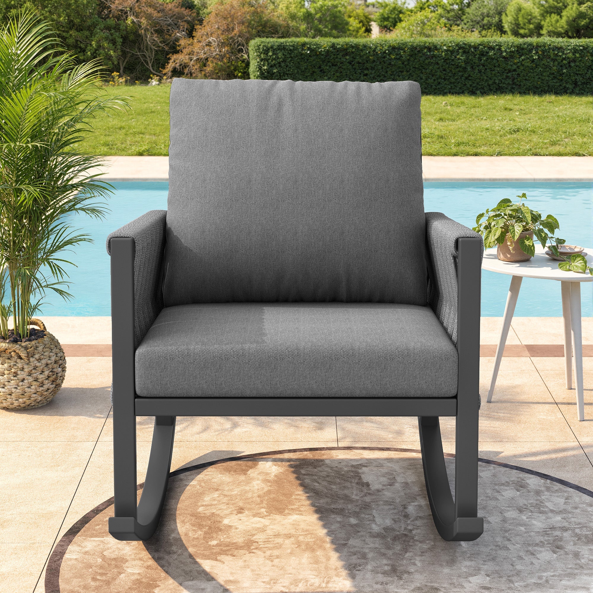 Outdoor Rocking Chair with Cross-Rope Weaving and Weatherproof Metal Frame, Metal and Rope