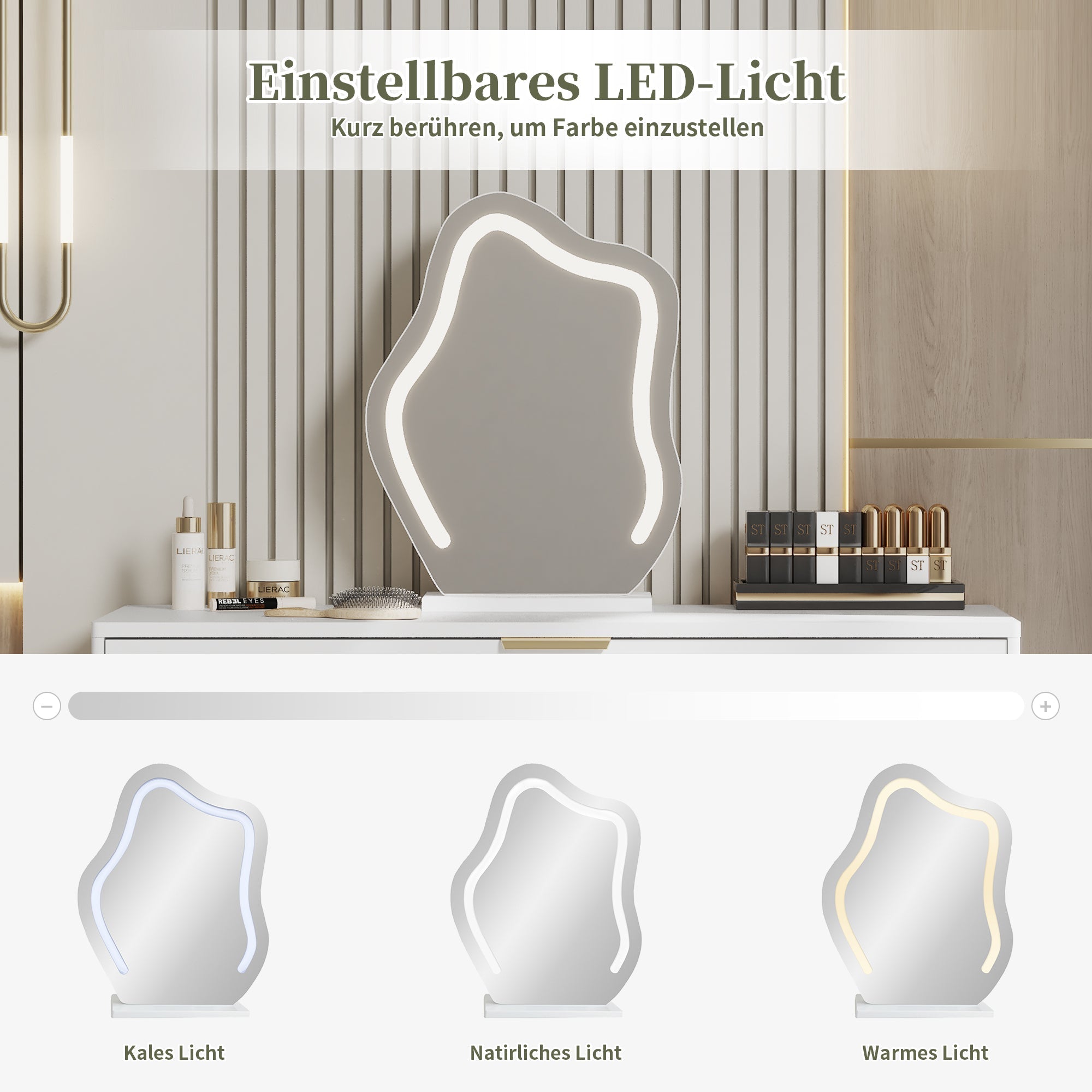 Dressing table with LED-lit mirror, extendable design, white
