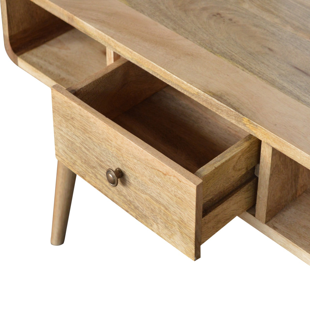 Solid Wood Curved Coffee Table, 2 Drawers and 2 Open Slots, Brown