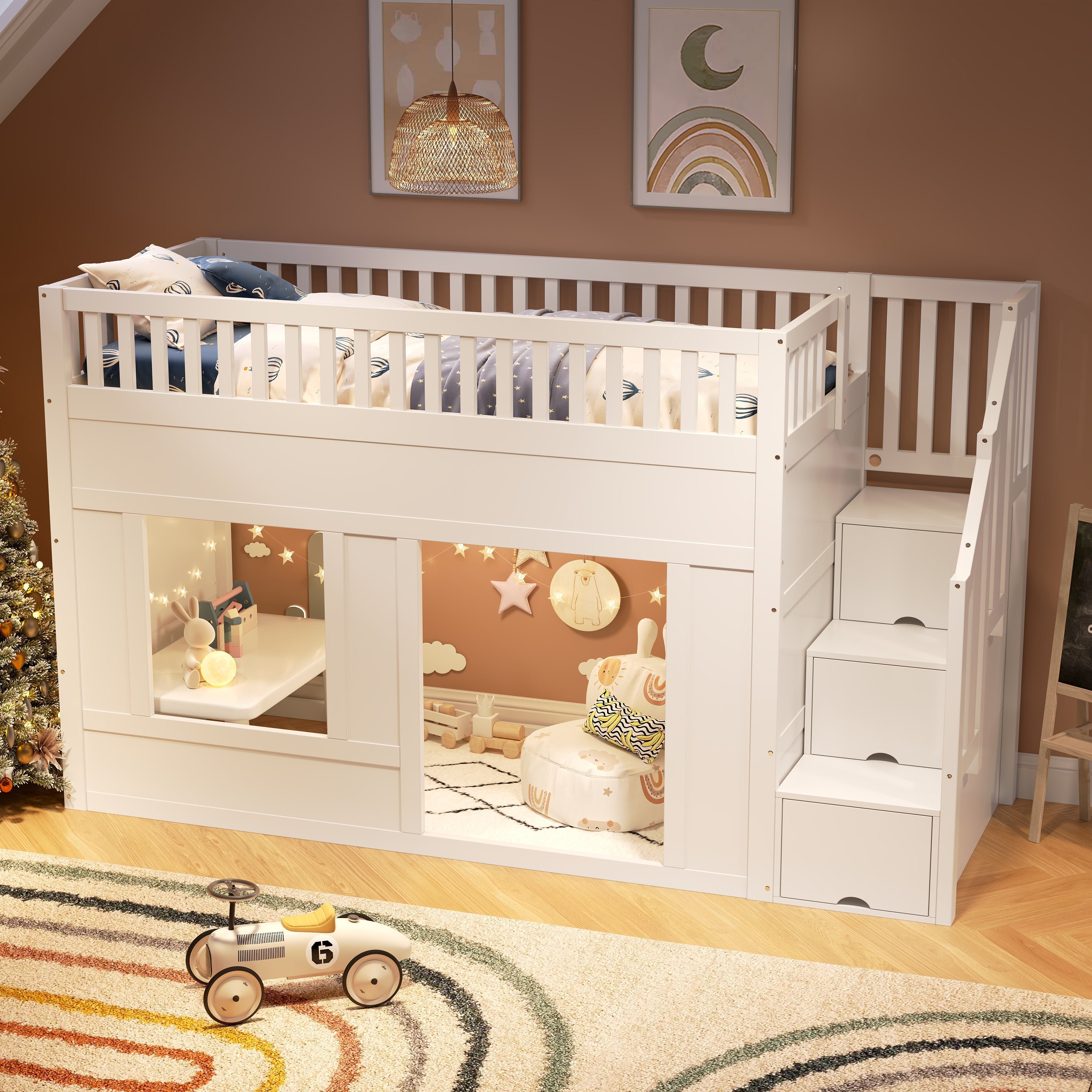 Bunk Loft Bed with Staircase Wardrobe and Convertible Play Area, 90x200cm, White