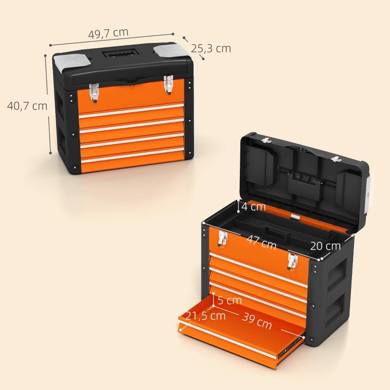 Tool box, 49.7 x 25.3 x 40.7 cm, 4 drawers, steel, orange
