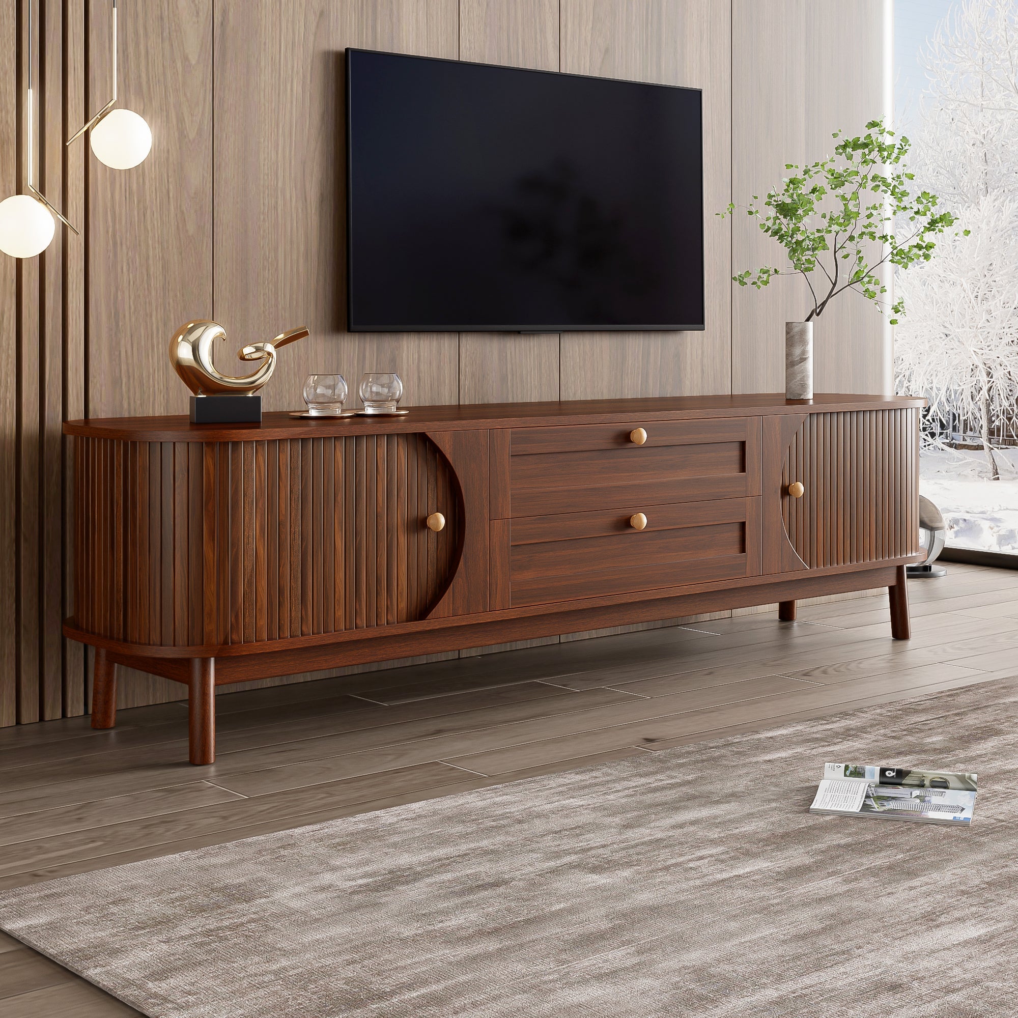 Modern TV Cabinet with Drawers, Storage, & Rounded Corners, Wood Look