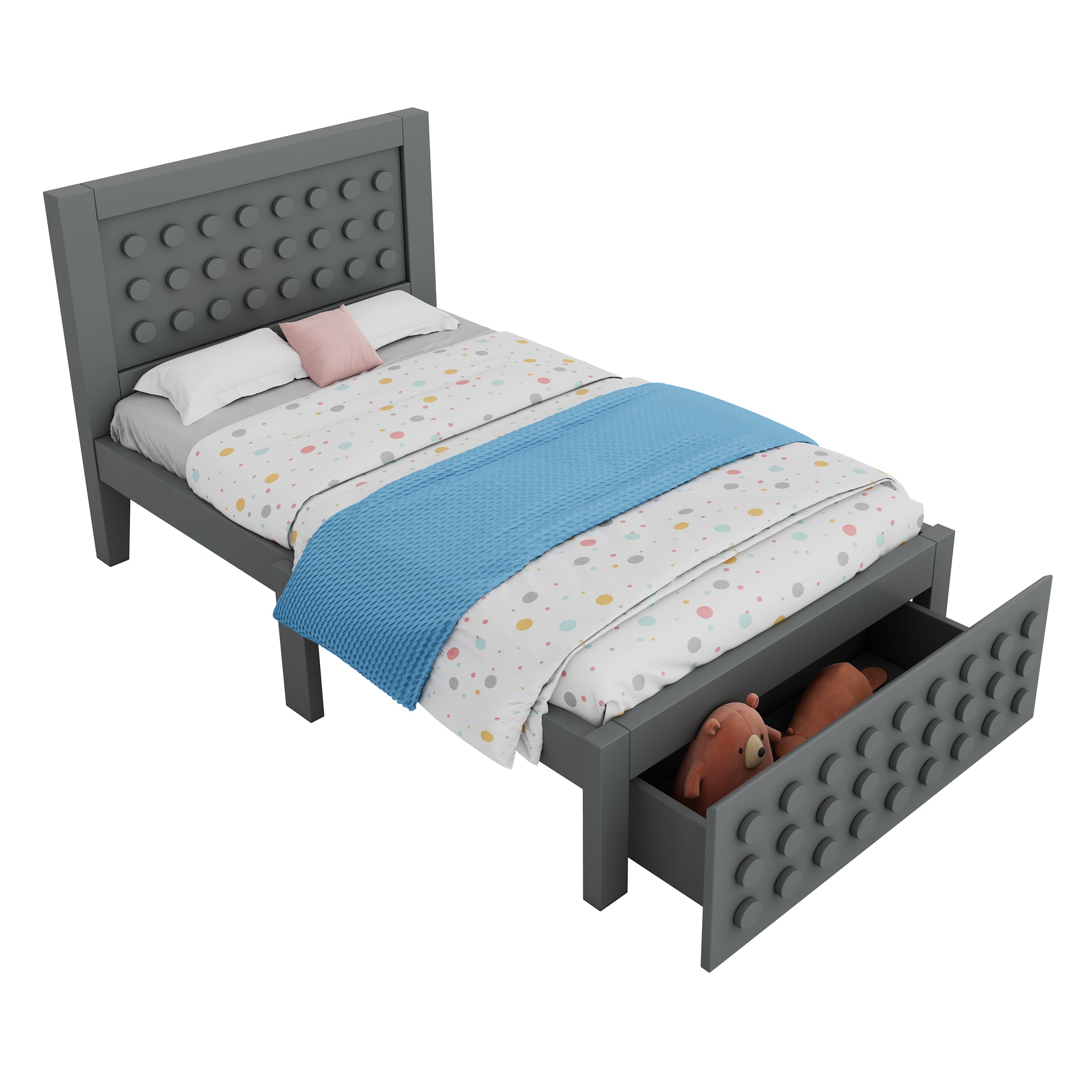 Single Bed, 90x200cm Creative Block Design with Drawers & Storage, Grey Wood