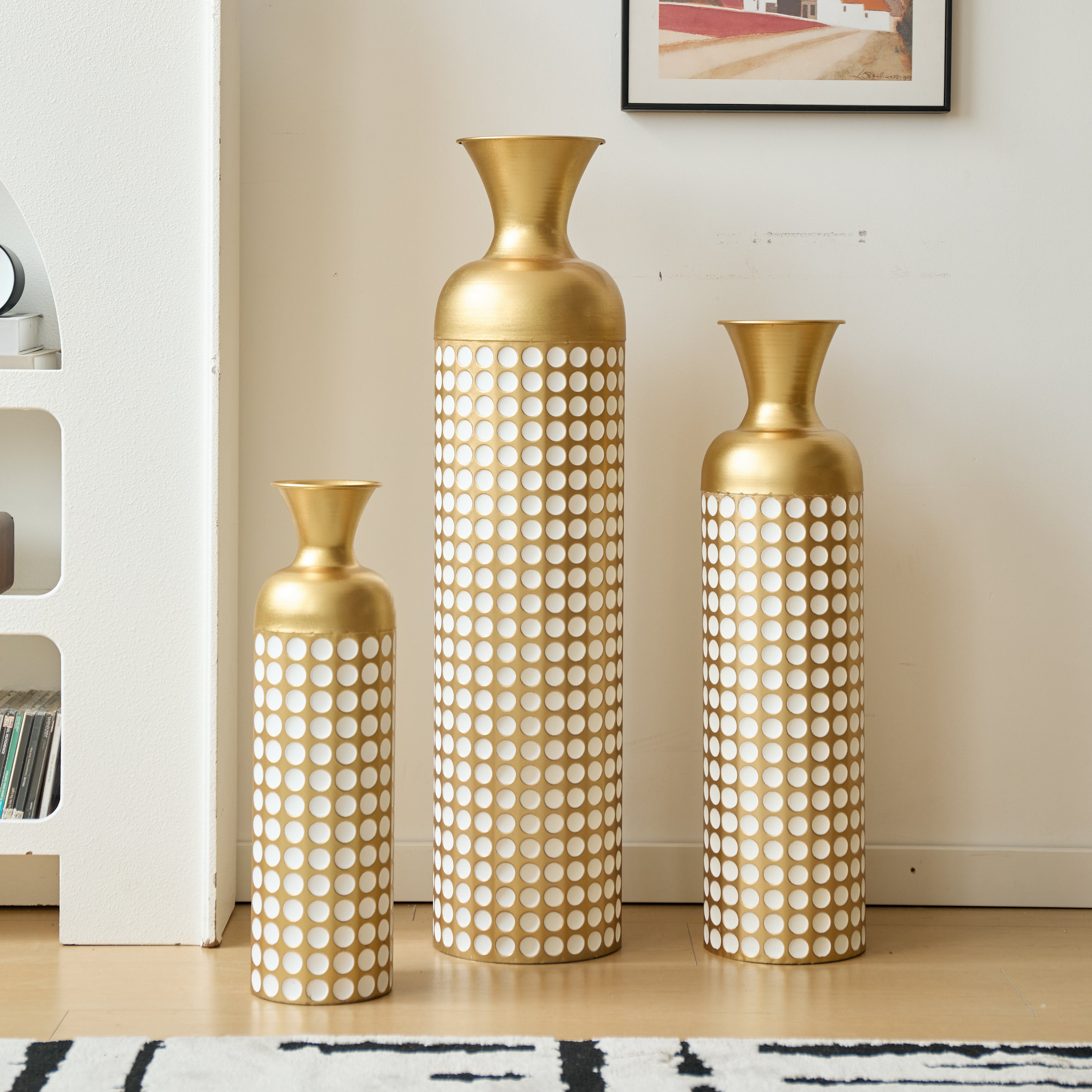 Bodenvase Set, 3 hohe Retro-Vasen 83/65/50cm, dekorativ Metall Antikgold
