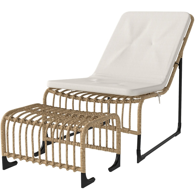 Rattan Relaxing Chair with Footstool, UV-resistant Garden Chair, Natural Wood