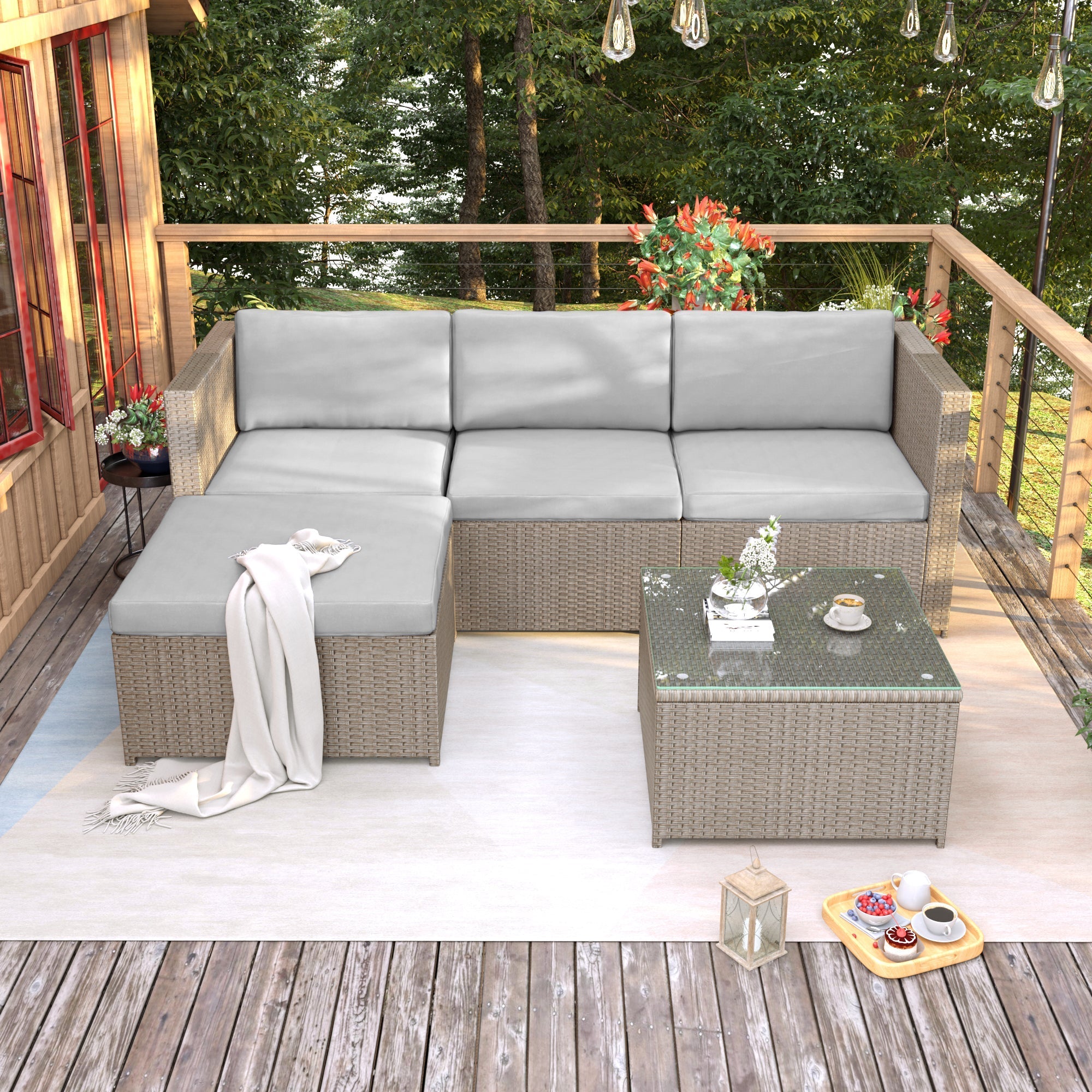Garden Corner Sofa Rattan Patio Furniture Lounge Set, Khaki