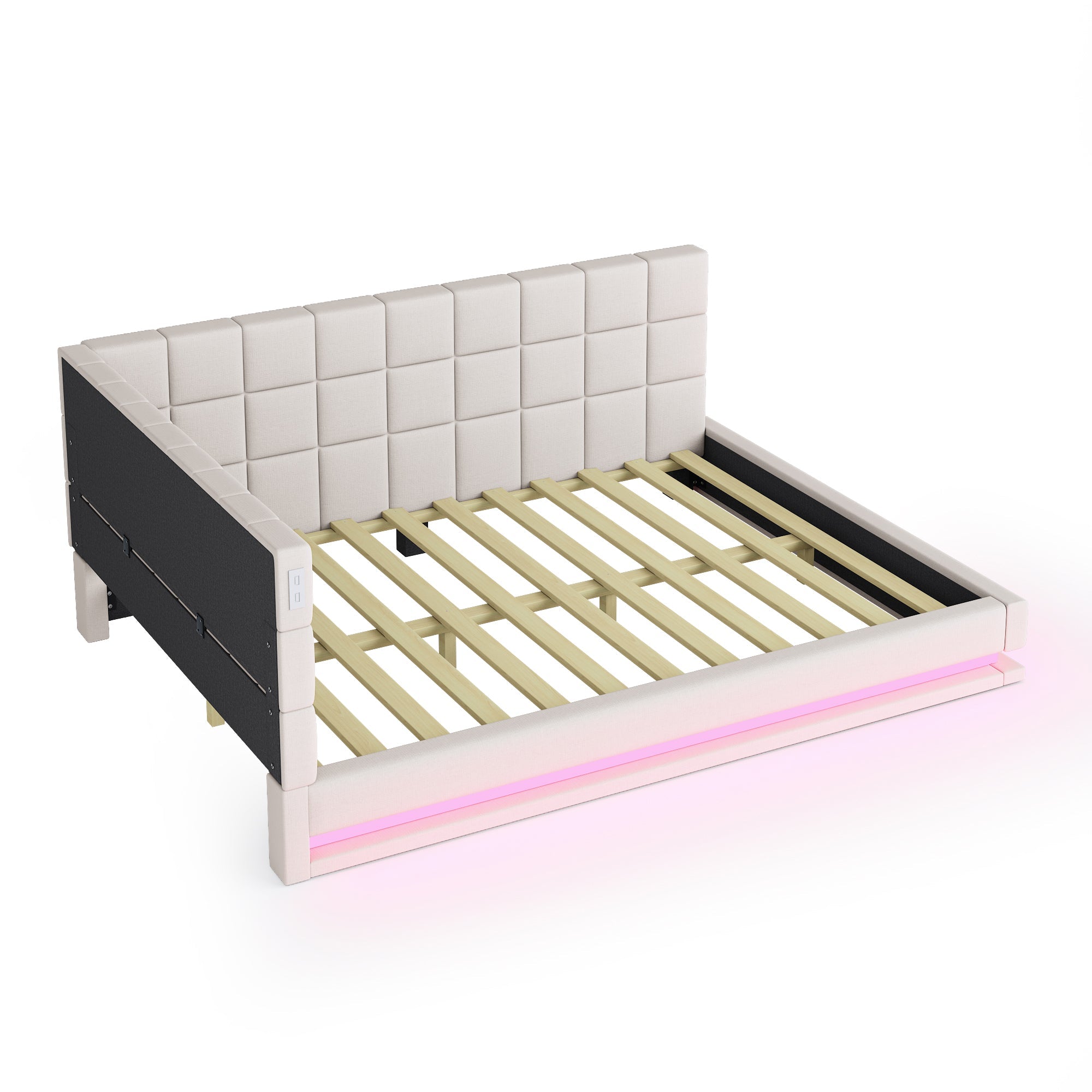 Upholstered Sofa Bed 160x200cm Multifunctional LED USB Slatted Frame - Velvet Beige