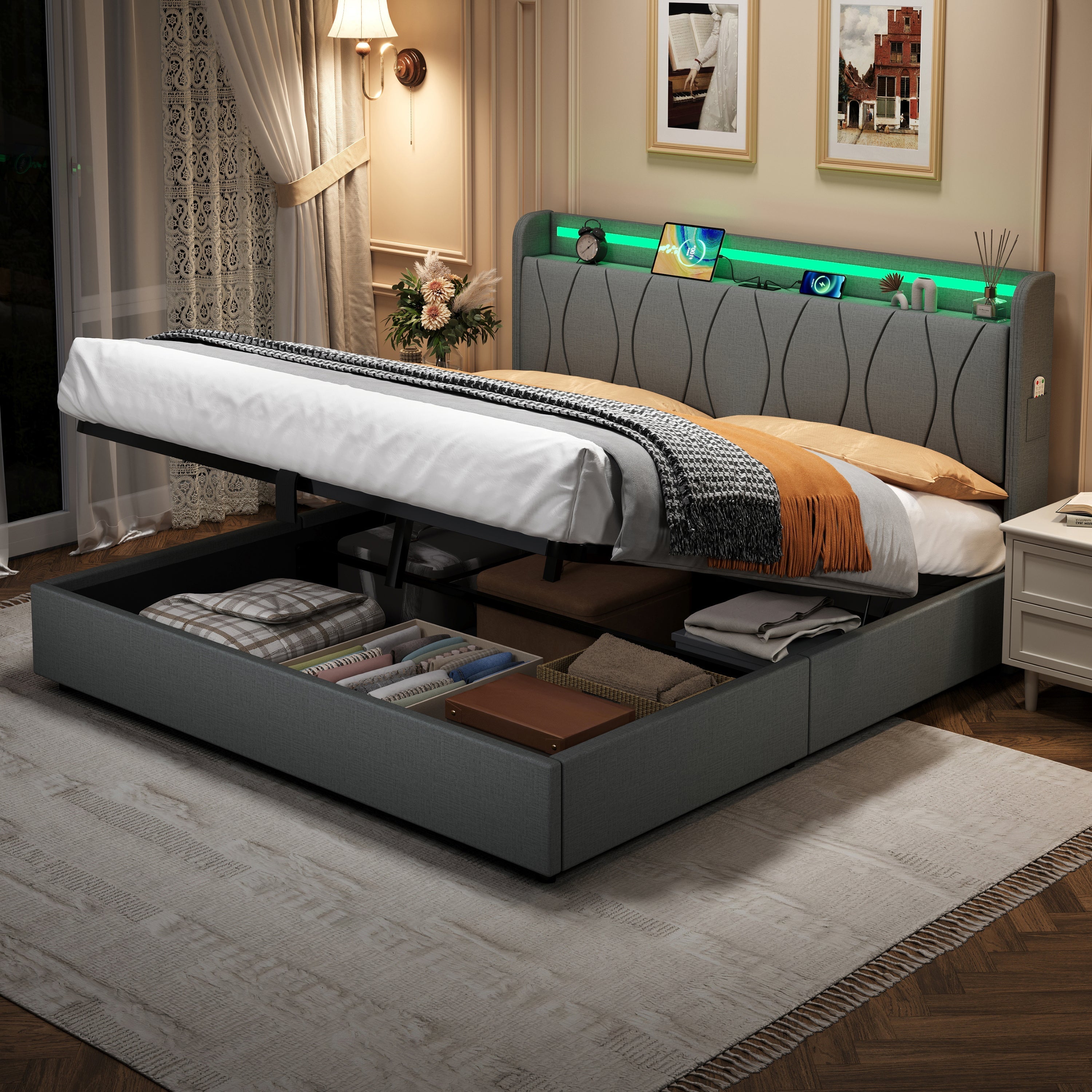 5ft King Upholstered Bed Frame, Hydraulic Storage LED Headboard with Charging Station, Linen Grey