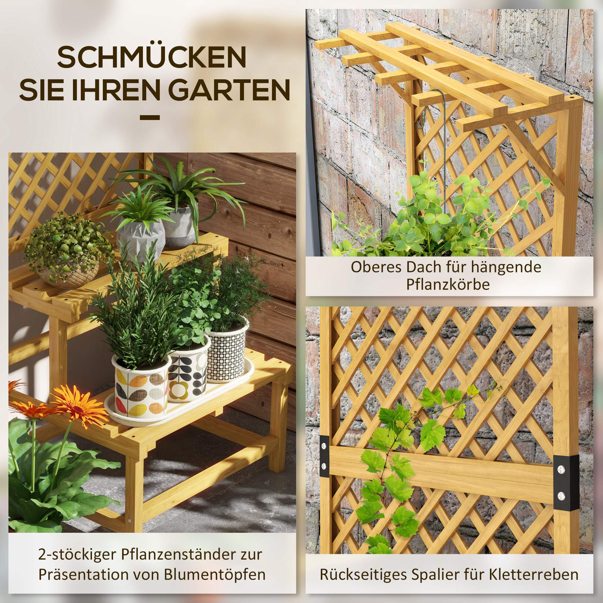 Pflanzenständer aus Holz, 2 Ebenen, Rankgitter, Tannenholz