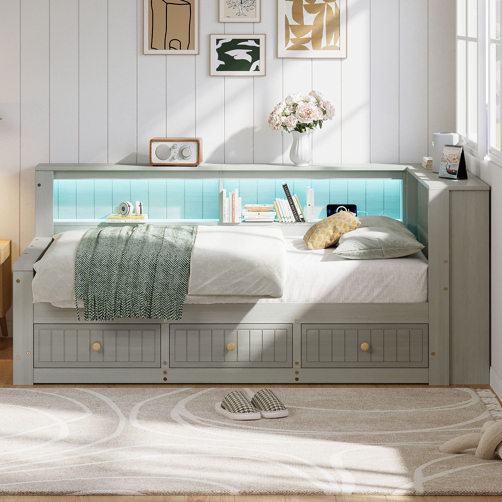 Wooden Daybed with Storage Compartments and 3 Drawers, 90 x 200 cm, Grey