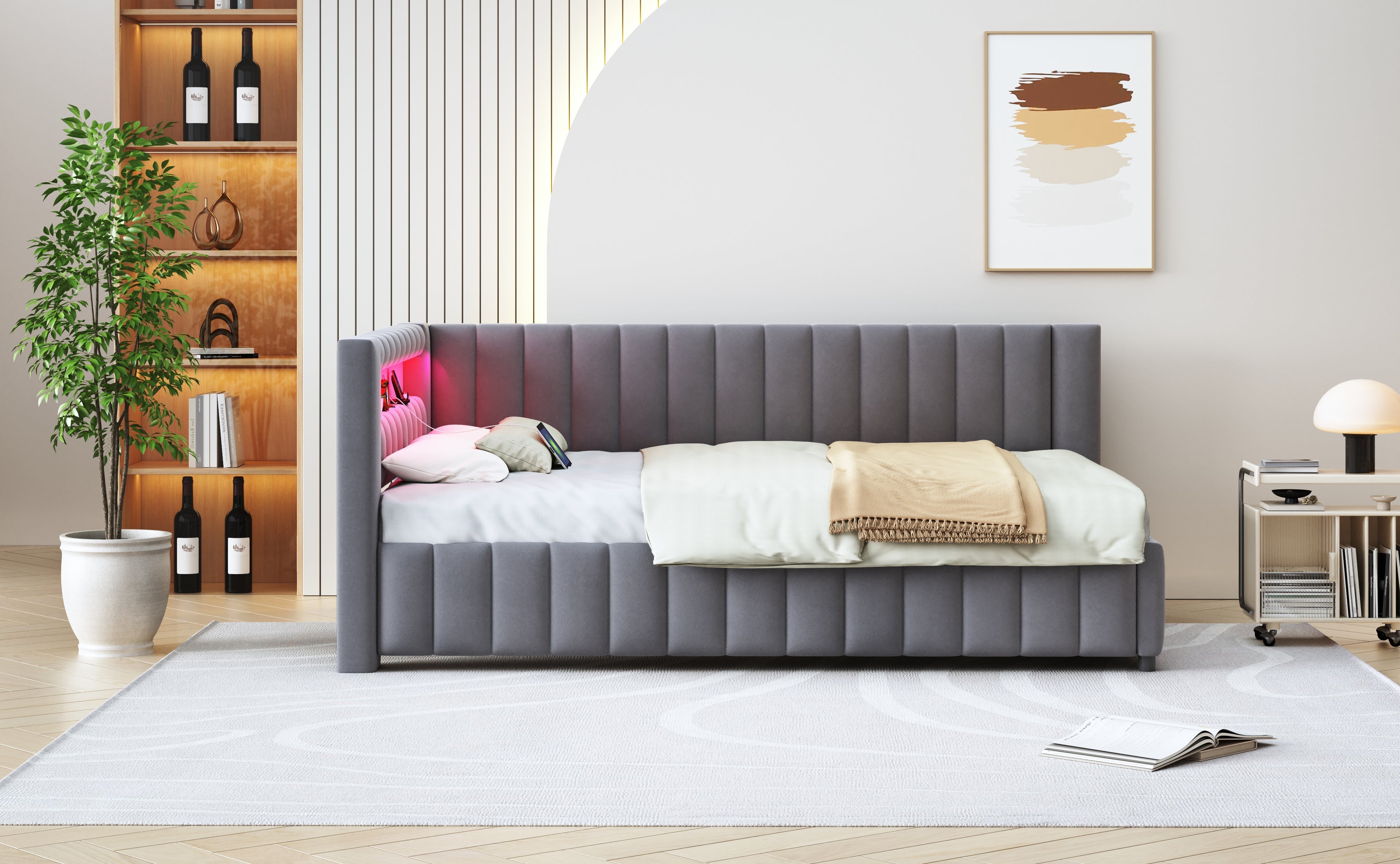 Upholstered Sofa Bed 140x200 with LED & USB, Velvet Grey