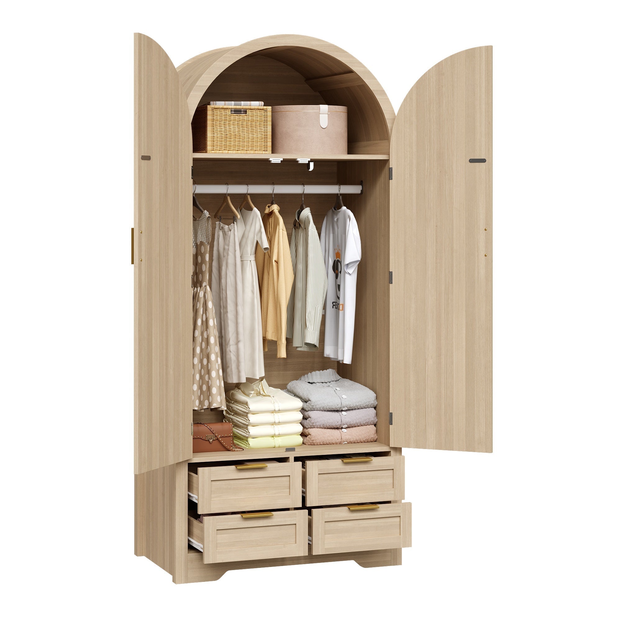 Modern Wardrobe with Curved Doors, Clothes Rail and Drawers, Oak MDF