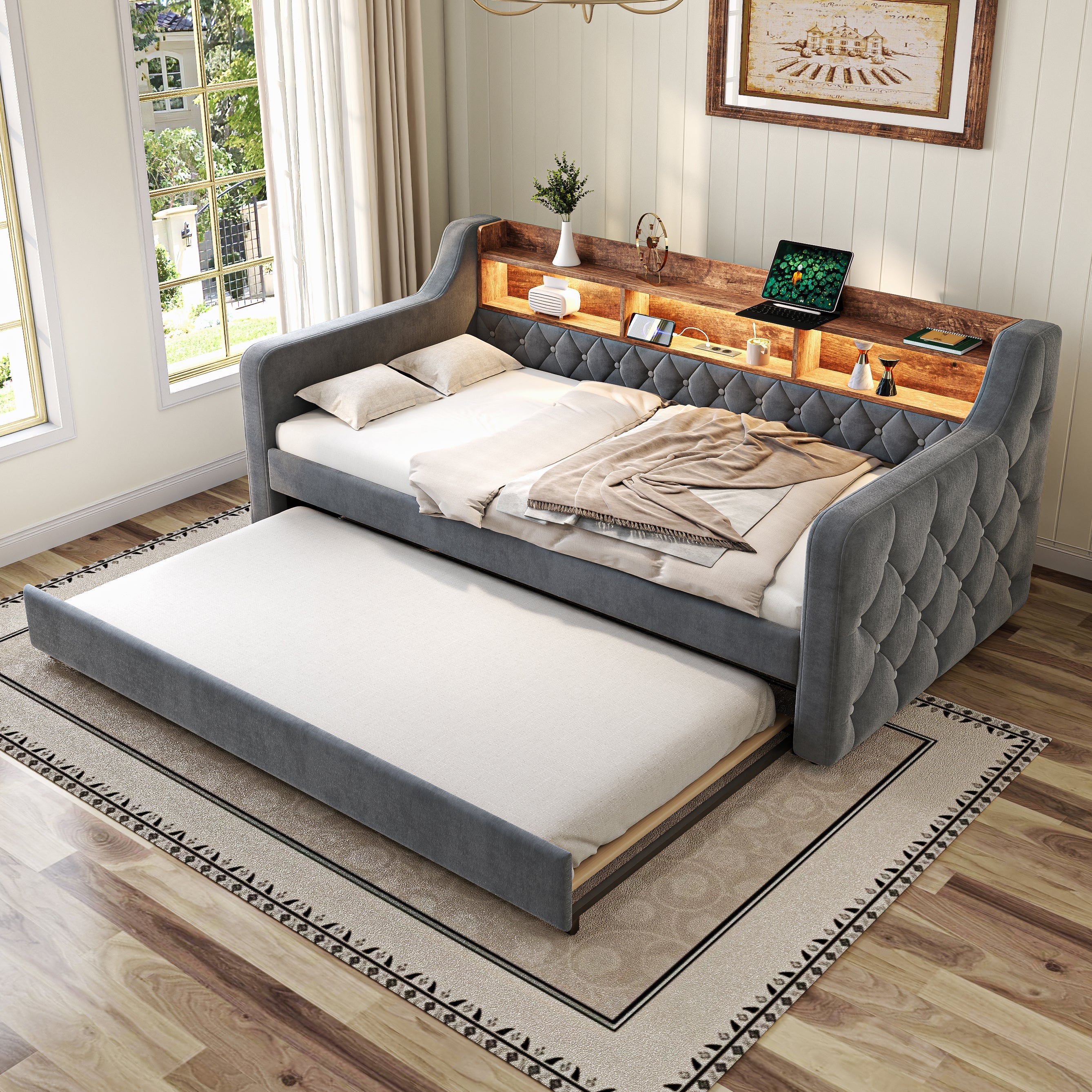 Space-saving Sofa Bed 90x190 cm with Storage, LED Ambiance & USB-C Port, Velvet Gray