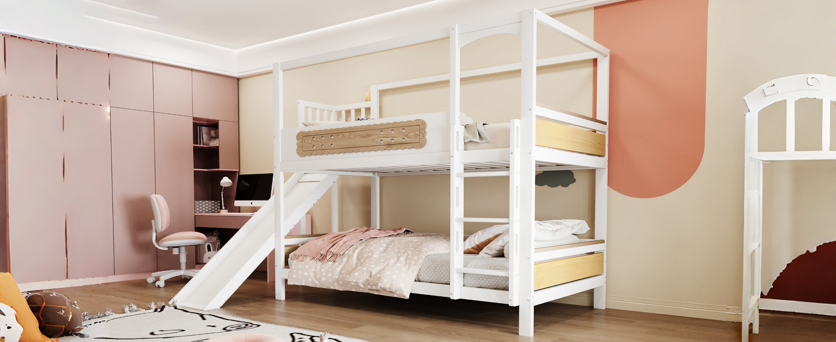 Children's Bunk Bed 90x200cm House Frame Slide Safety Ladder Wood Color