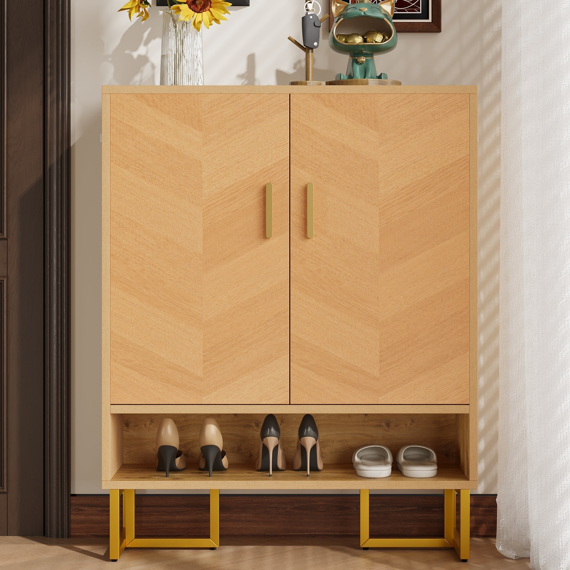 Narrow Shoe Cabinet Modern Minimalist 2-Door Storage - Wood Grain/Golden Frame