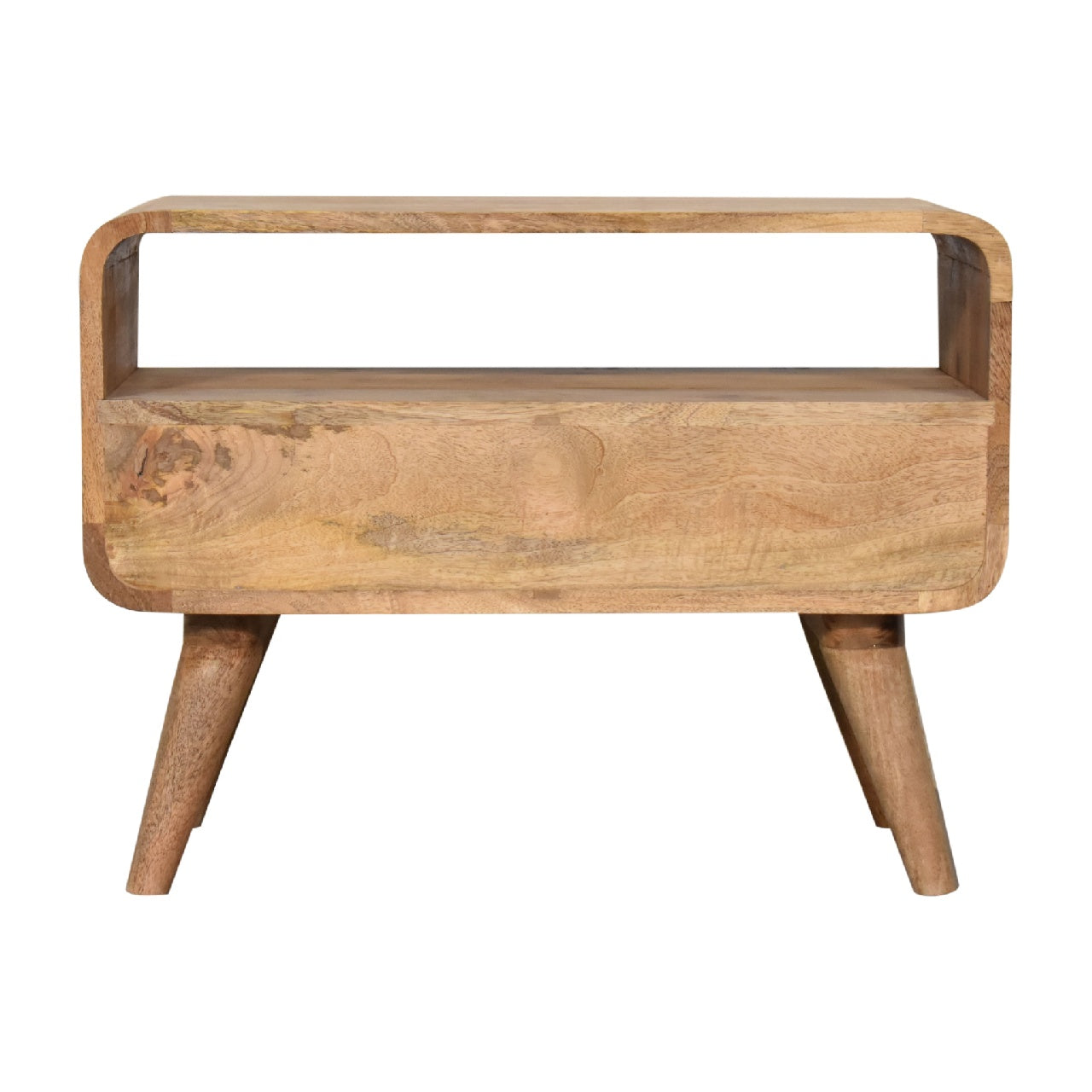 Solid Wood Media Unit, Mini Curved with 2 Drawers and Open Slot, Brown Oak-ish