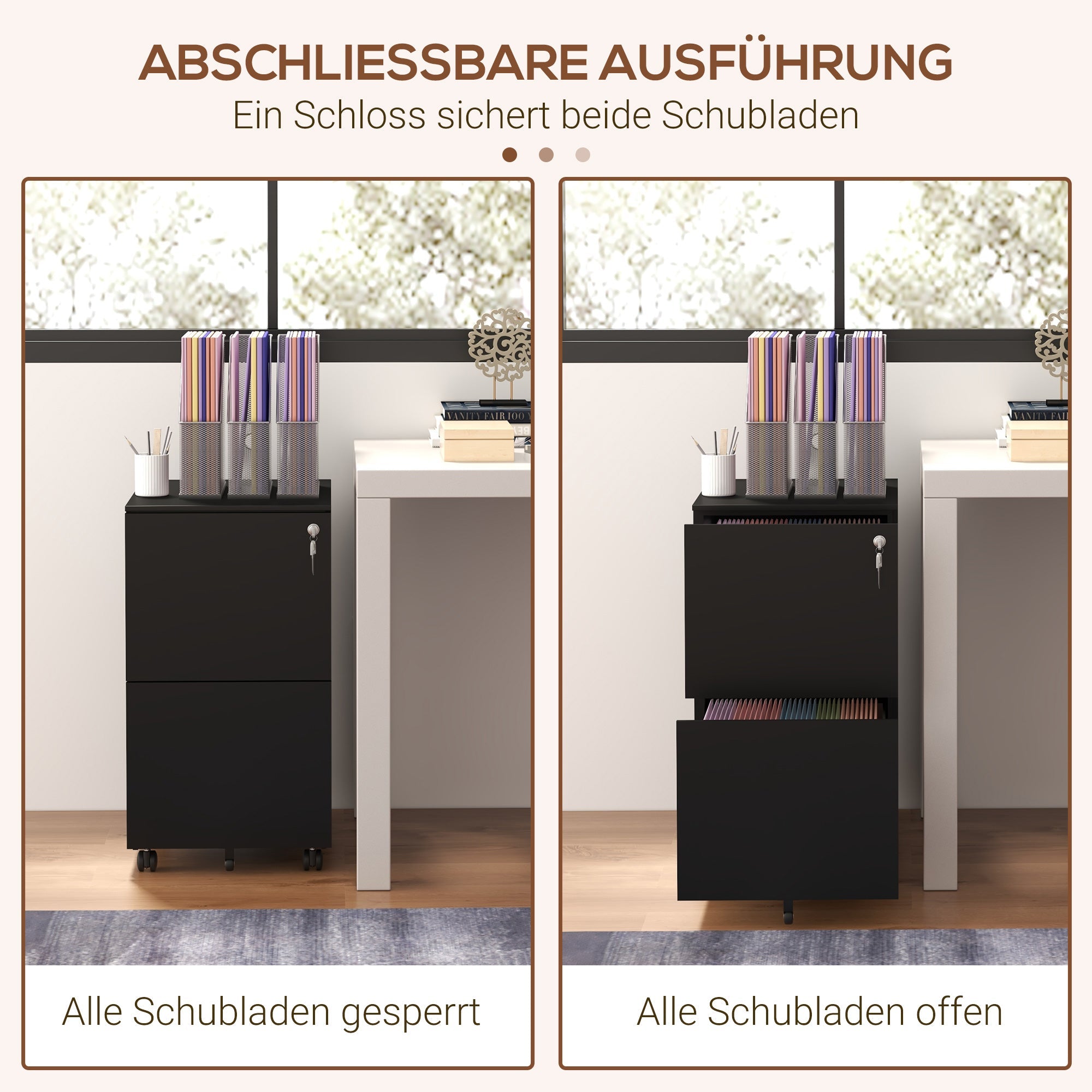 Vinsetto Filing Cabinet with 2 Lockable Drawers, Rolling, Steel, Black