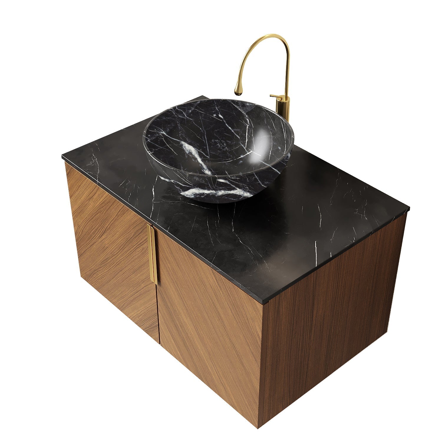 ARAI 76cm Wall Mount Bathroom Vanity with Black Bowl, Stone Pattern Ceramic Basin, Black Sintered Stone Countertop, Plywood Cabinet with 2 Doors, Espresso Wood Grain
