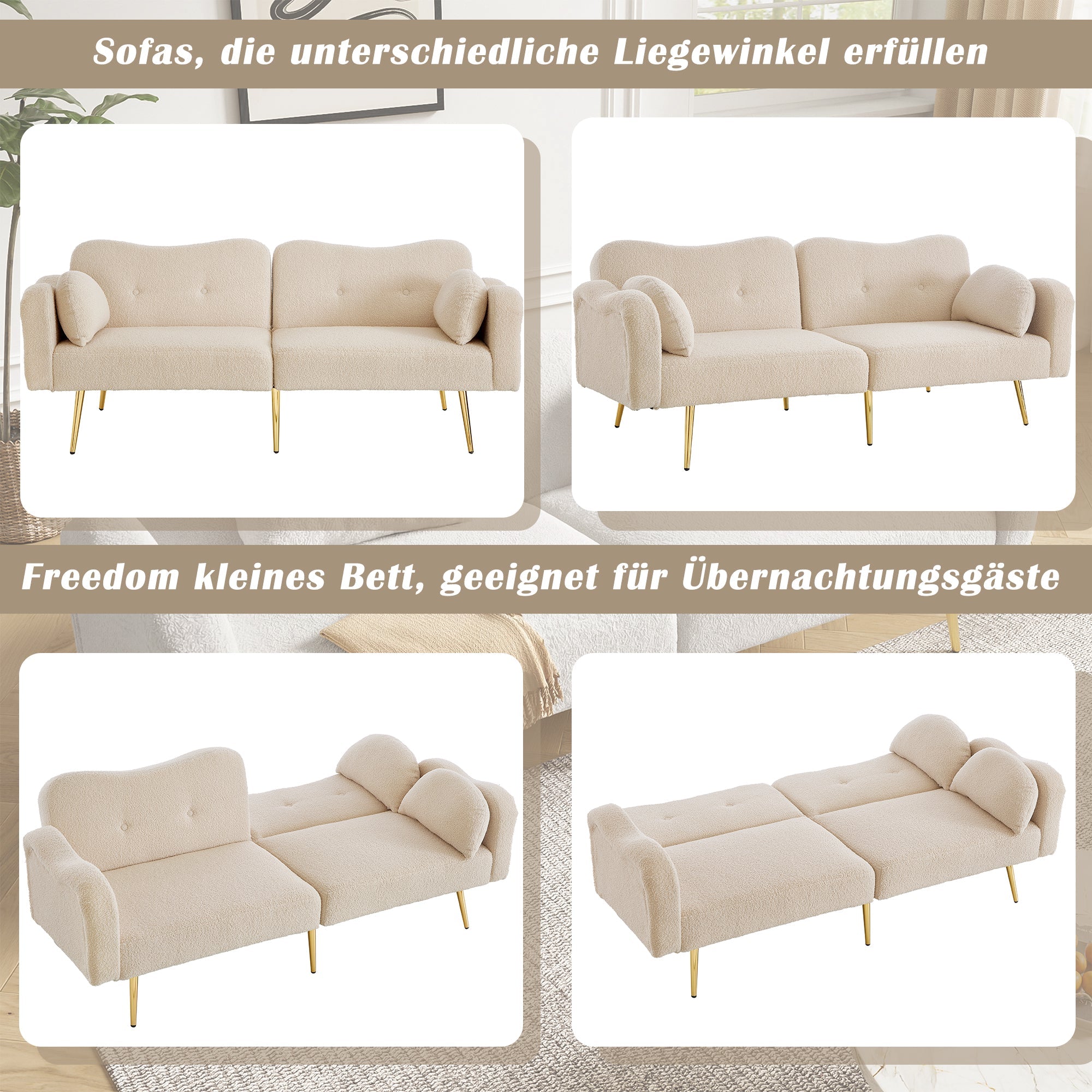 Sofa Bed 2-Seater Adjustable Backrest Gold Metal Feet