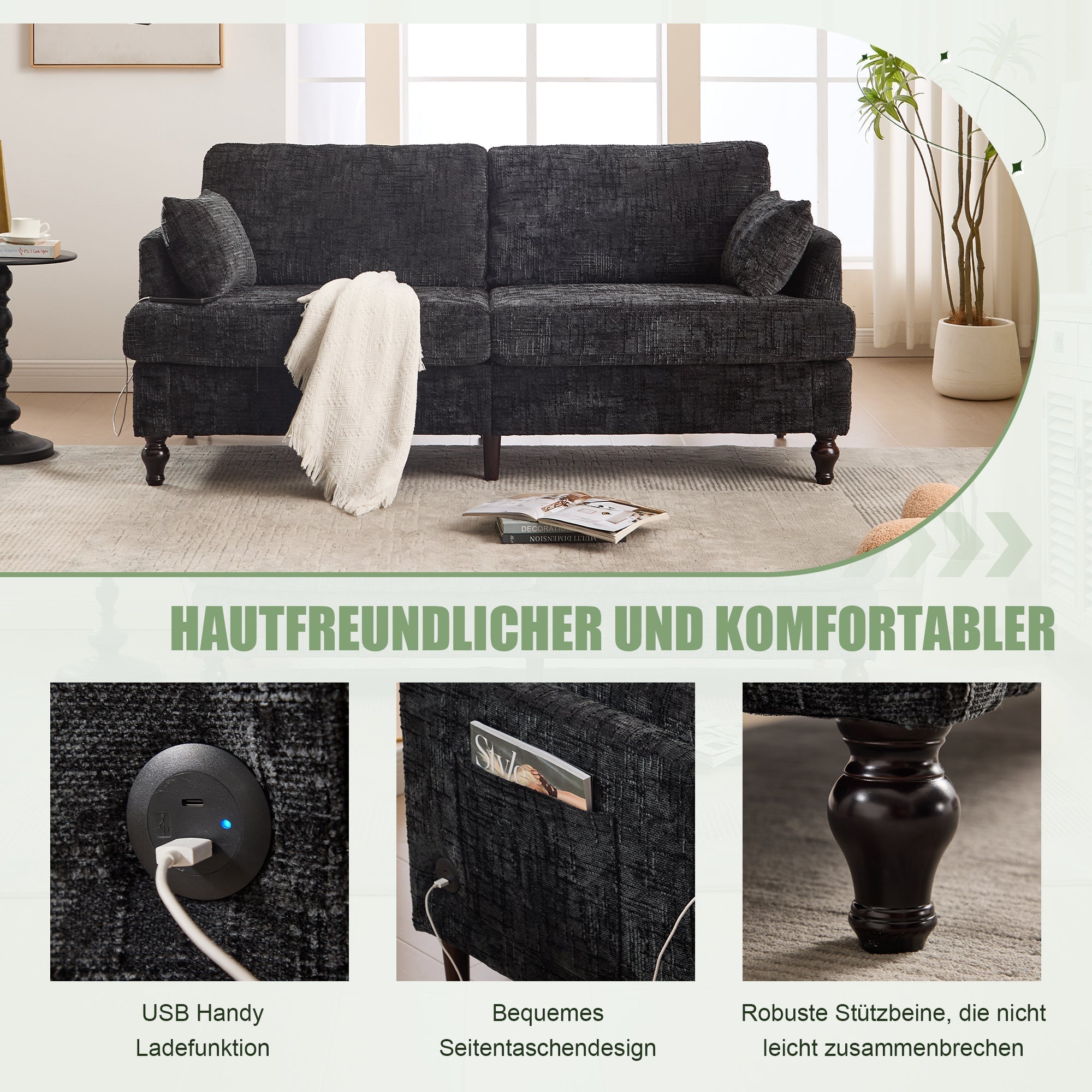 Sofa, 2-Seater with Wooden Legs, LED Light, USB, Storage Bag, Chenille