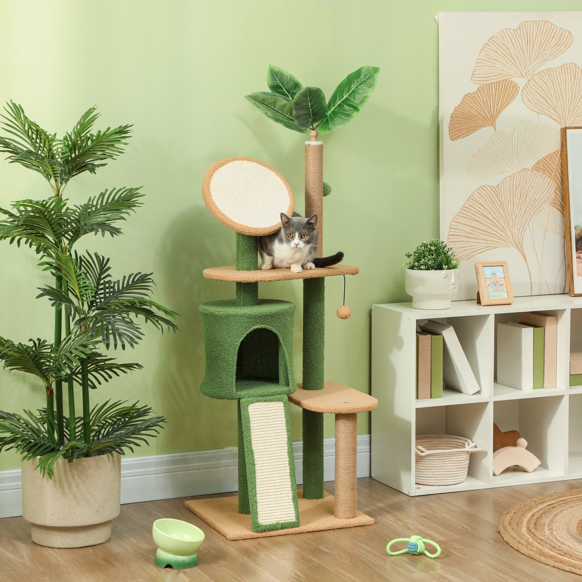 Cat Tree 139cm, with Cat Cave, Sisal Scratching Posts, Green