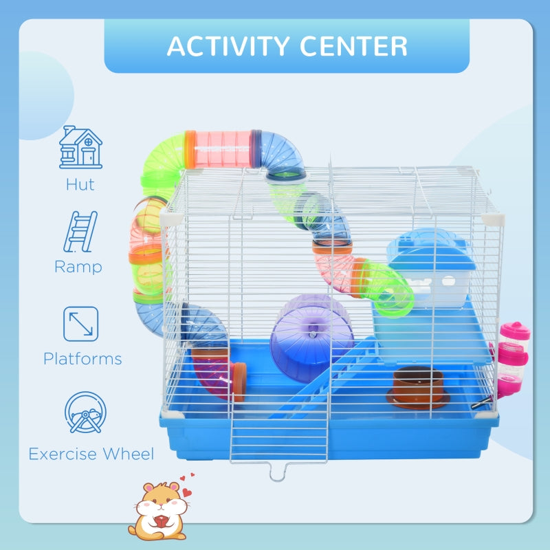 Hamster Cage, 2 Tier Gerbil Cage with Handle, Exercise Wheels, Tunnel, Tube, Water Bottle, Dishes, Ladder, Blue