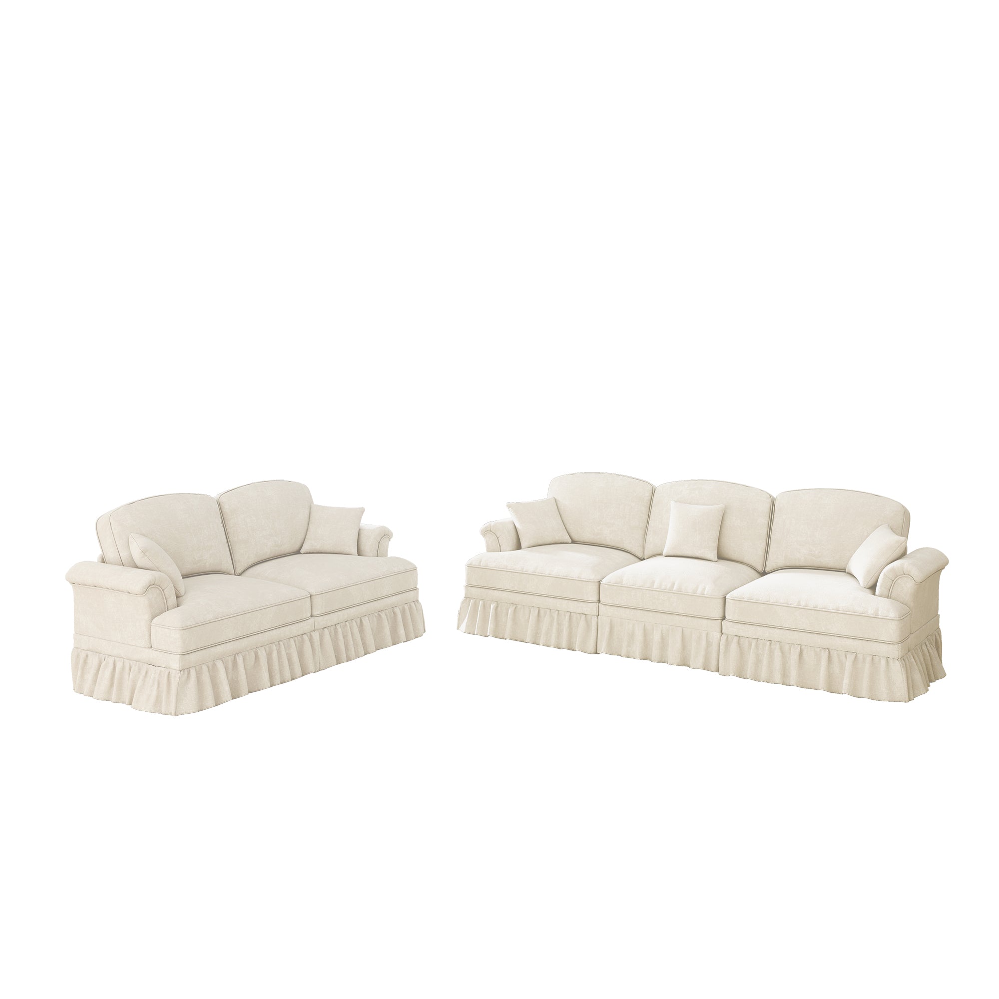 Classic 2-piece Modular Sofa Set 3-Seater 2-Seater Loveseat Ruffled Apron Spindle Legs - Chenille White
