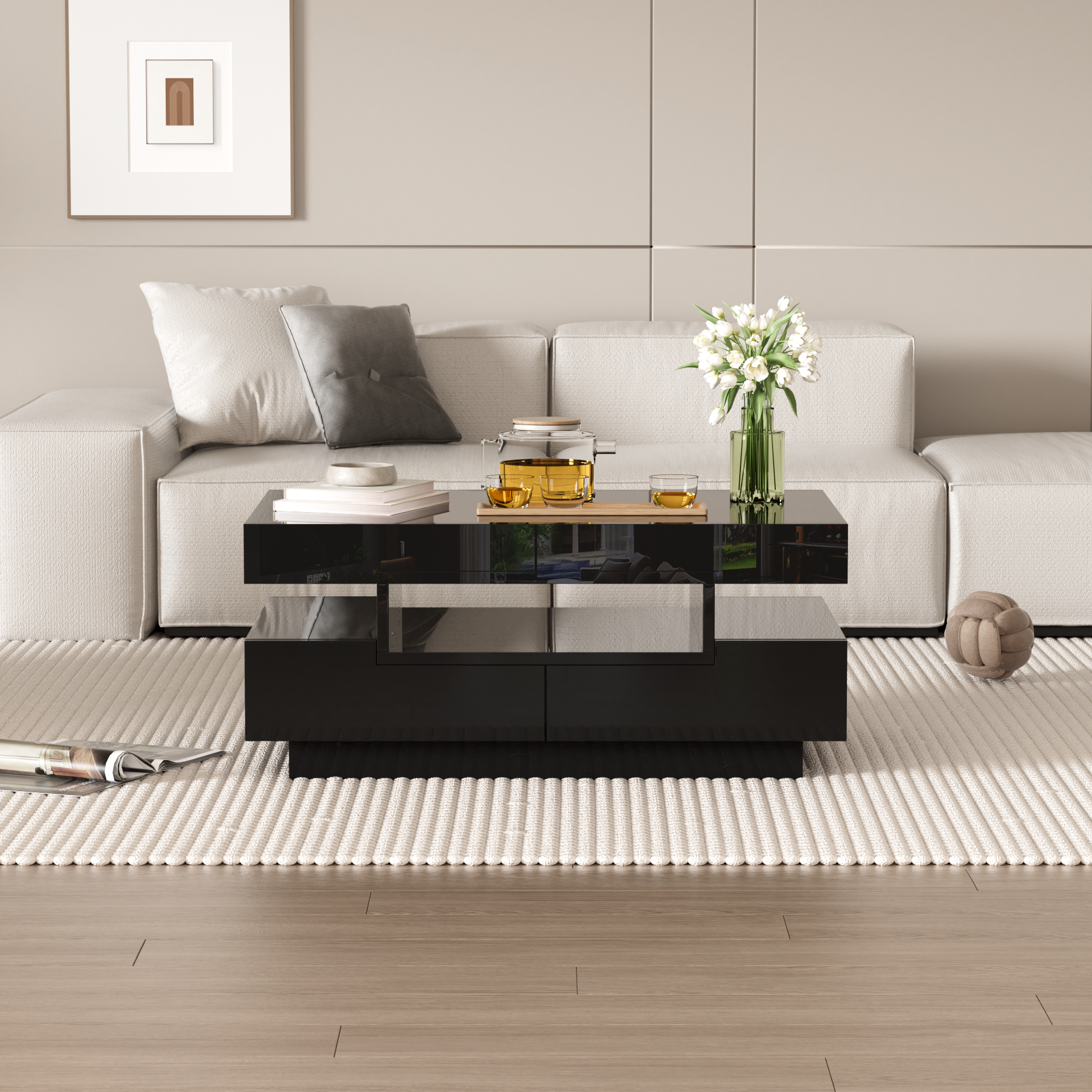 Coffee Table, High-Gloss, LED Light, Four Drawers, Large Storage, White
