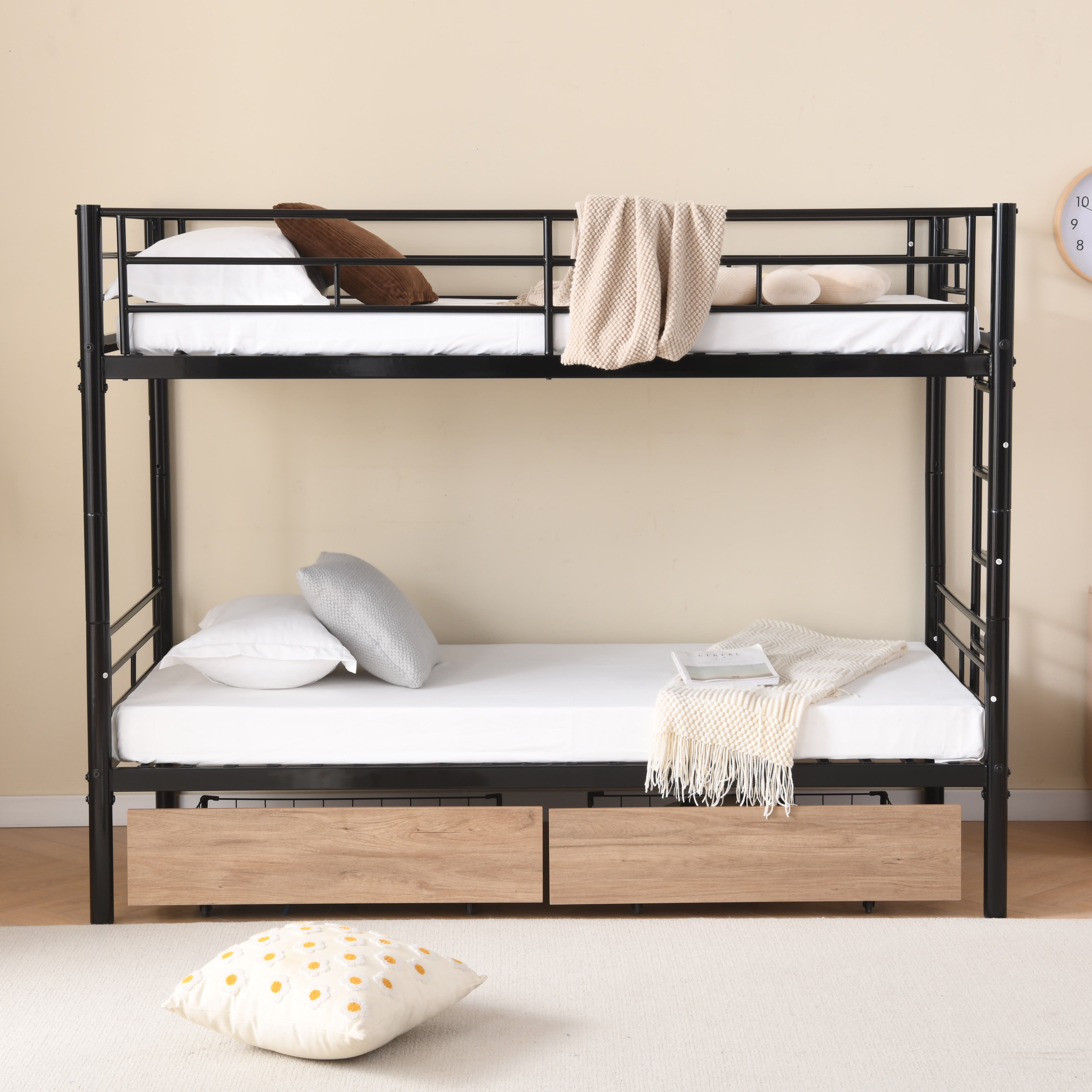 Bunk Bed 90x200cm with Drawers, Convertible to Single Beds, Black Metal