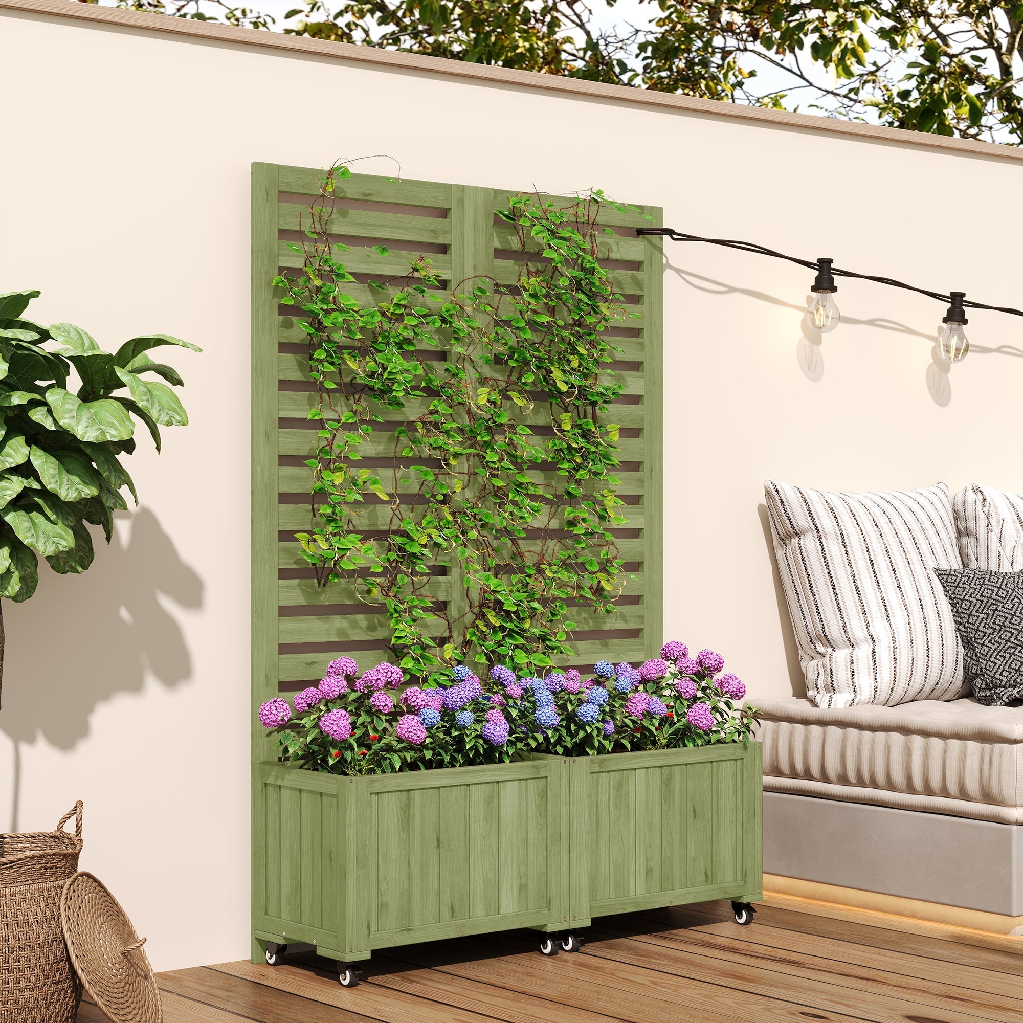 Outdoor Planter Box with Trellis and Folding Universal Wheels