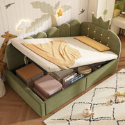 L-Shaped Upholstered Daybed with Hydraulic Storage and Crown-Lattice Design, 90x190cm, Green Velvet