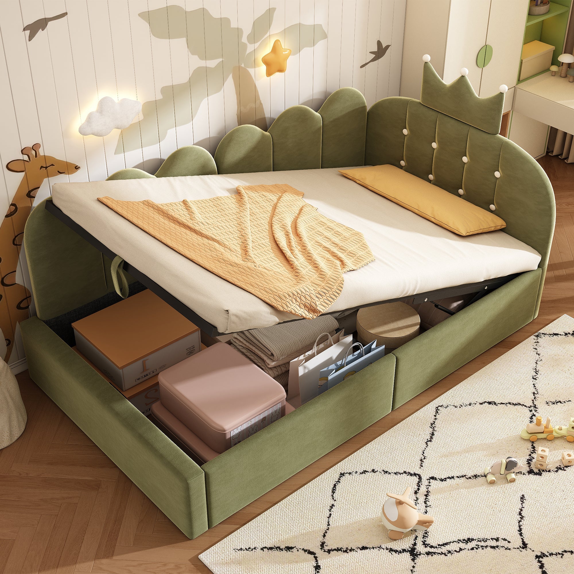 L-Shaped Upholstered Daybed with Hydraulic Storage and Crown-Lattice Design, 90x190cm, Green Velvet