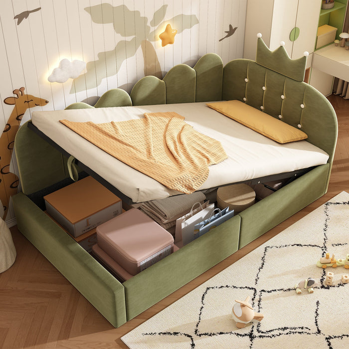L-Shaped Upholstered Daybed with Hydraulic Storage and Crown-Lattice Design, 90x190cm, Green Velvet