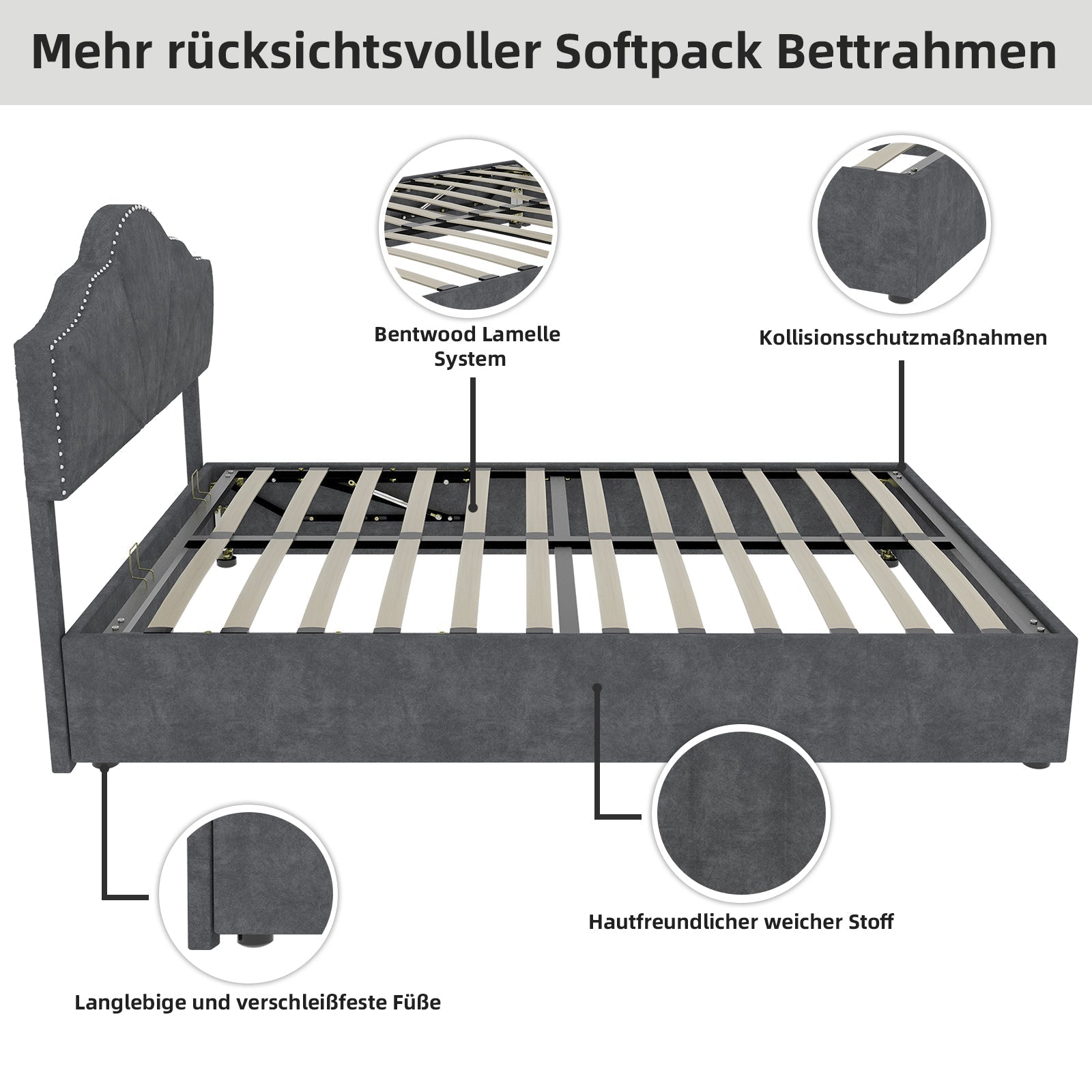 Modern Minimalist Soft Bed, High Box with Pneumatic Rod, 160*200CM, Gray