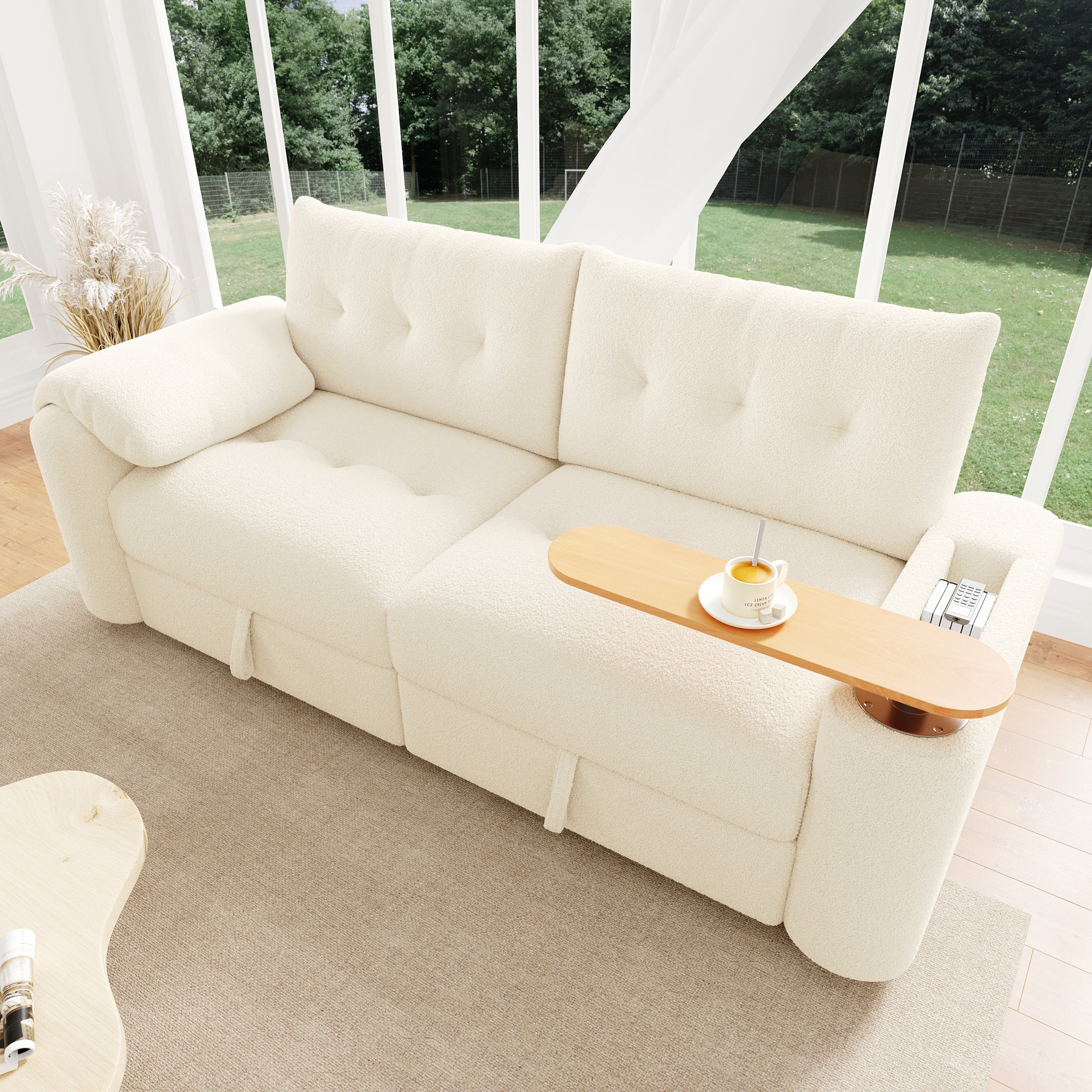 Teddy Plush Sofa, 3-Seater Modular Sofa Bed with Storage and Side Table, Beige