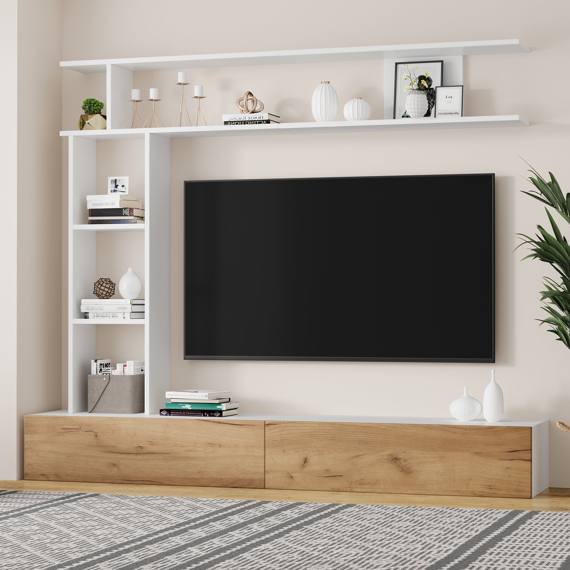 TV Wall Unit Set, Media Wall Display Cabinets Freestanding & Wall-Mounted for up to 80" TV, White + Wood Color