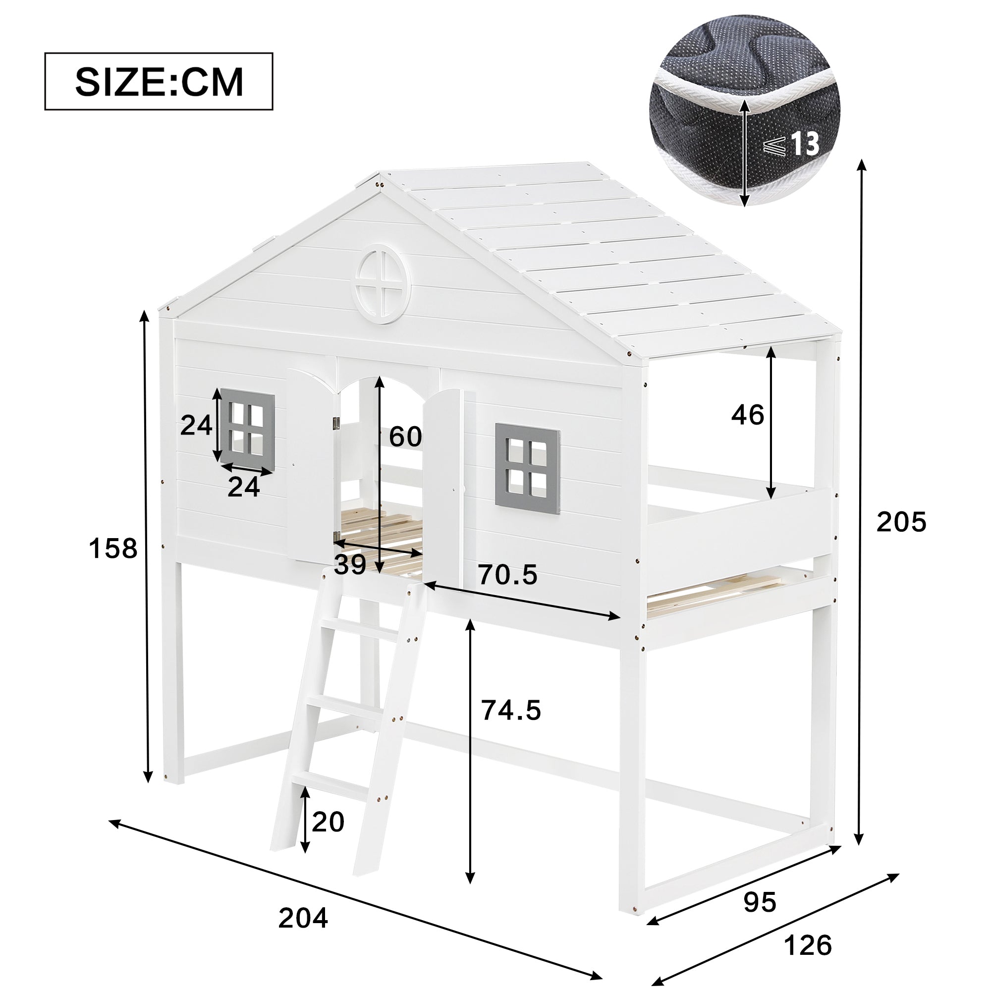 House Bed, Stairs, Safety Rail & Gate, Pine & MDF, White & Grey