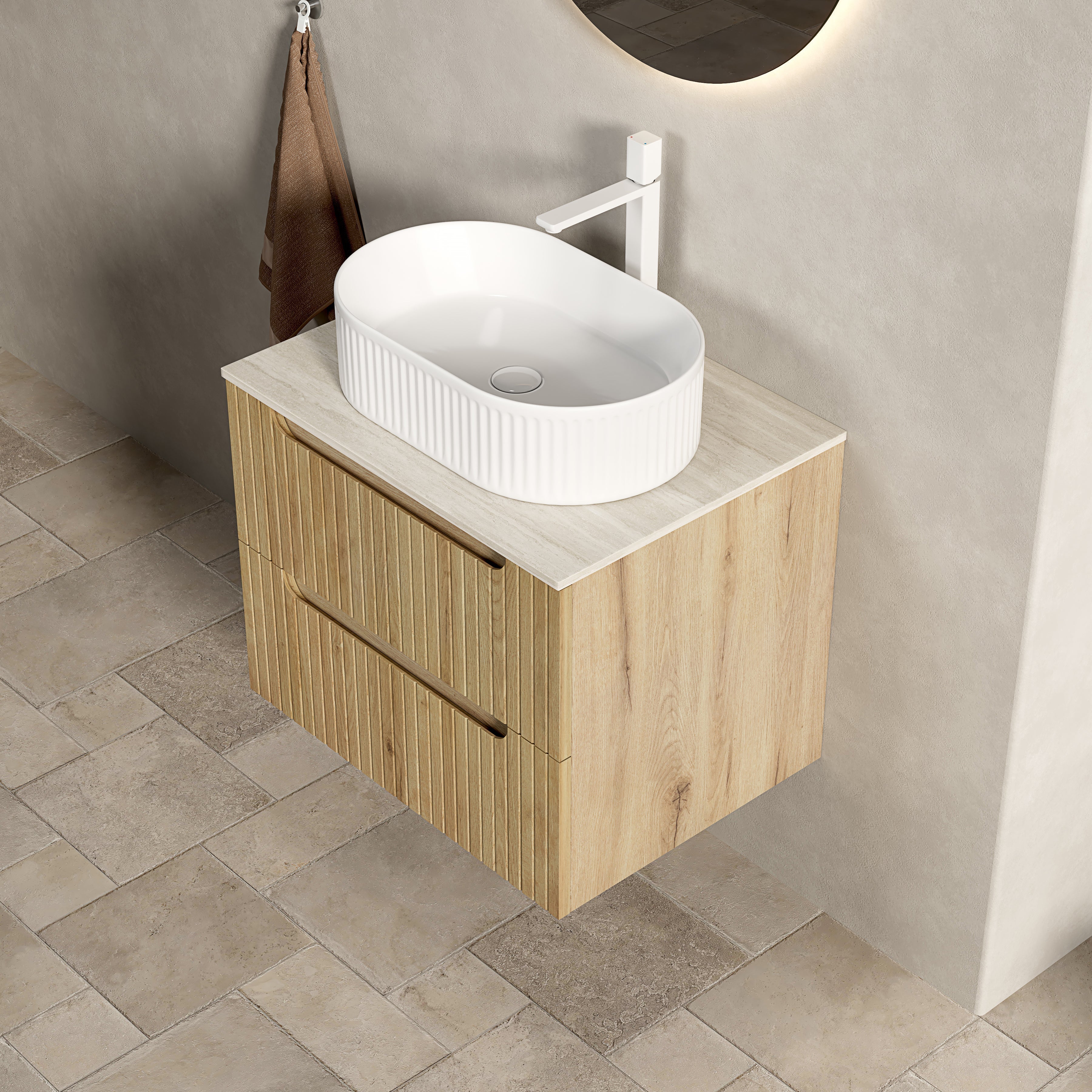 60cm Floating Vanity Oval Sink Sintered Stone Top 2 Drawers - White Oak